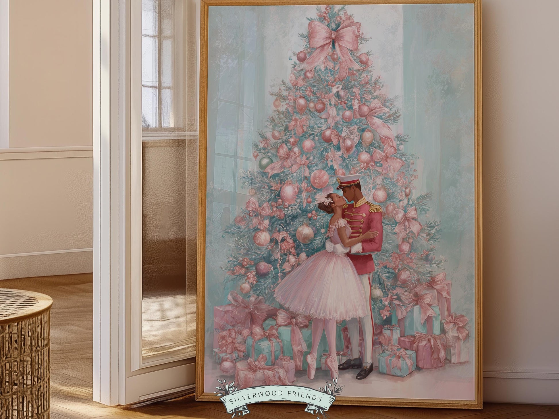 African American Nutcracker Ballet Christmas Print, Black Ballerina and Nutcracker Pastel Pink Christmas Printable Wall Art Digital Download