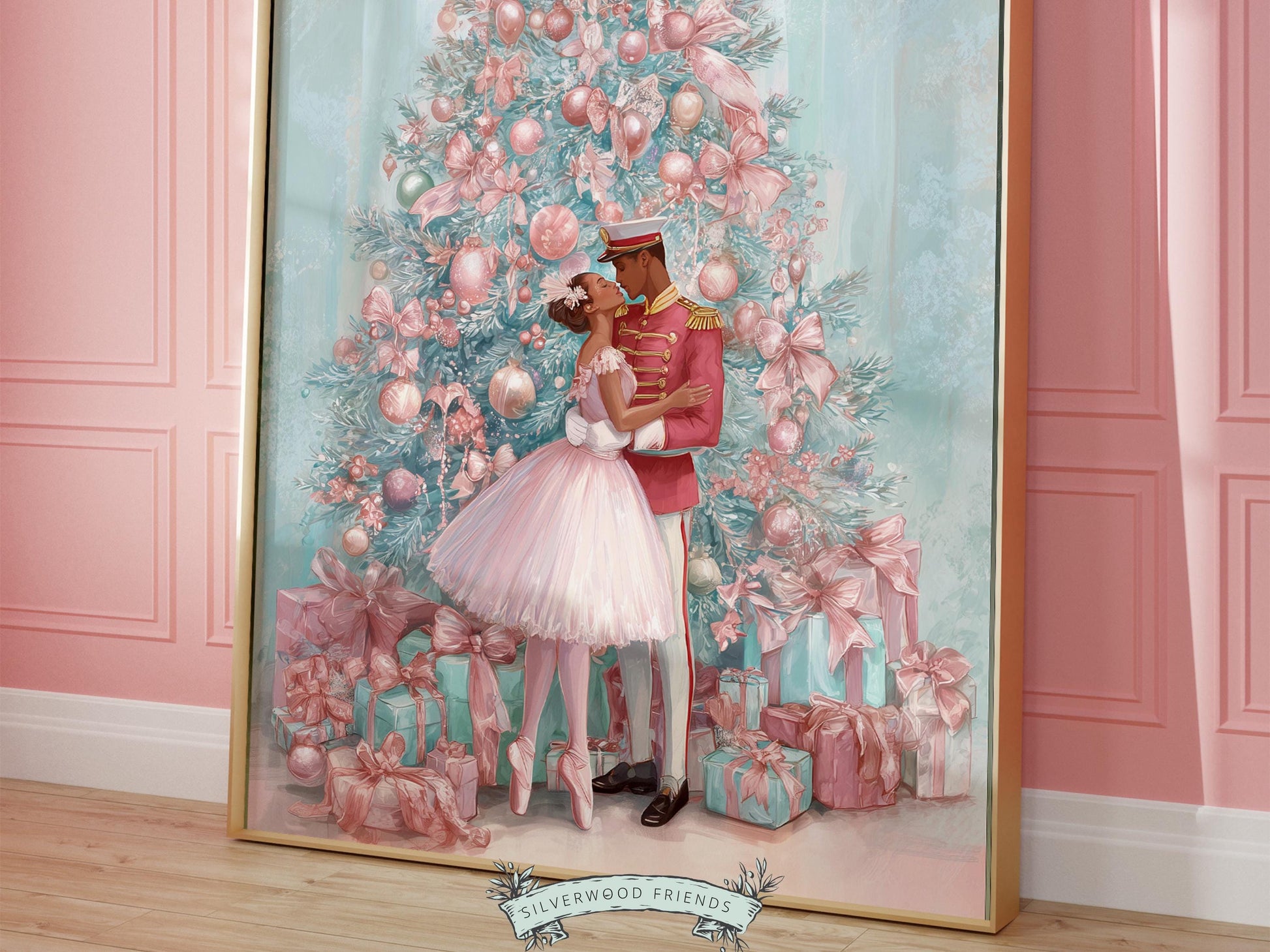 African American Nutcracker Ballet Christmas Print, Black Ballerina and Nutcracker Pastel Pink Christmas Printable Wall Art Digital Download