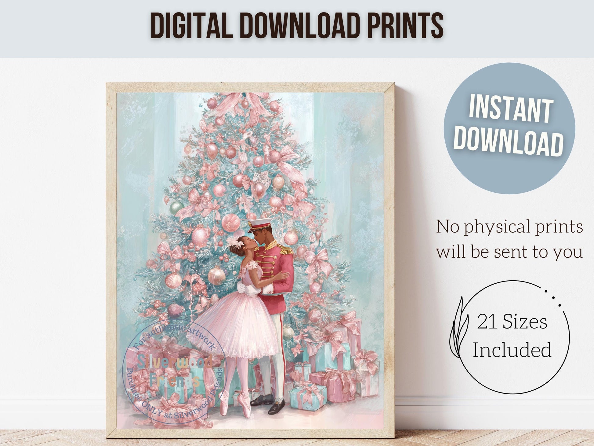 African American Nutcracker Ballet Christmas Print, Black Ballerina and Nutcracker Pastel Pink Christmas Printable Wall Art Digital Download