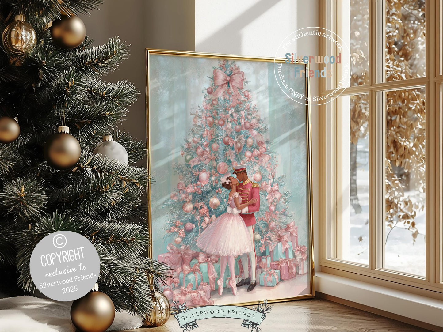 African American Nutcracker Ballet Christmas Print, Black Ballerina and Nutcracker Pastel Pink Christmas Printable Wall Art Digital Download