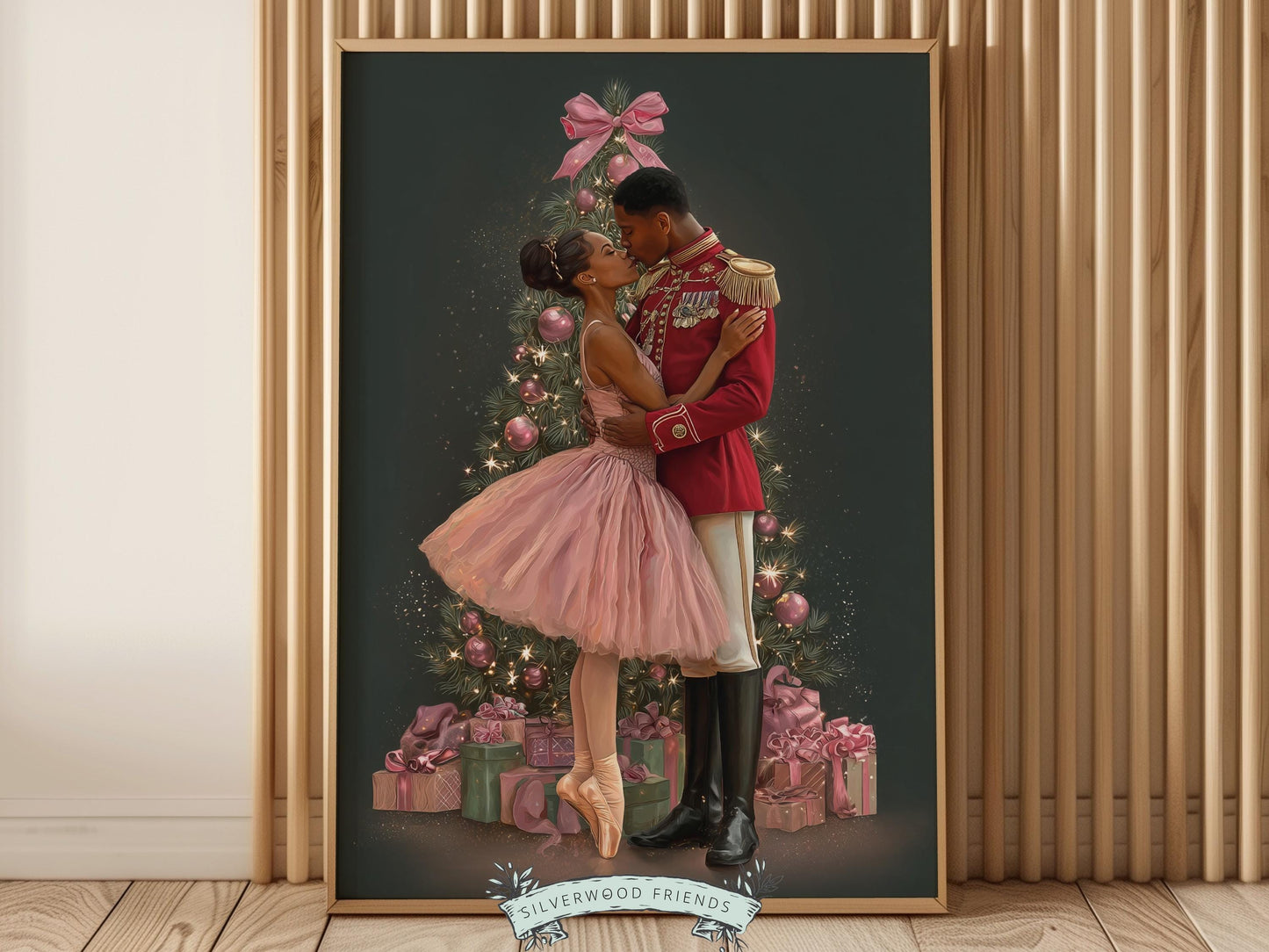 This enchanting pastel Christmas ballet print captures a graceful African American ballerina kissing a Nutcracker soldier beside a softly glowing Christmas tree. With its gentle watercolor tones and festive charm, this piece makes a perfect gift for ballet lovers and adds a touch of timeless elegance and magic to any space all year round.