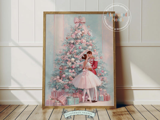 This enchanting pastel pink and blue Christmas ballet print captures a magical moment as a graceful ballerina dances with a Nutcracker soldier in front of a beautiful Christmas tree. The perfect gift for ballet lovers this print brings whimsical romance and festive charm to any space, making it delightful decor all year round!