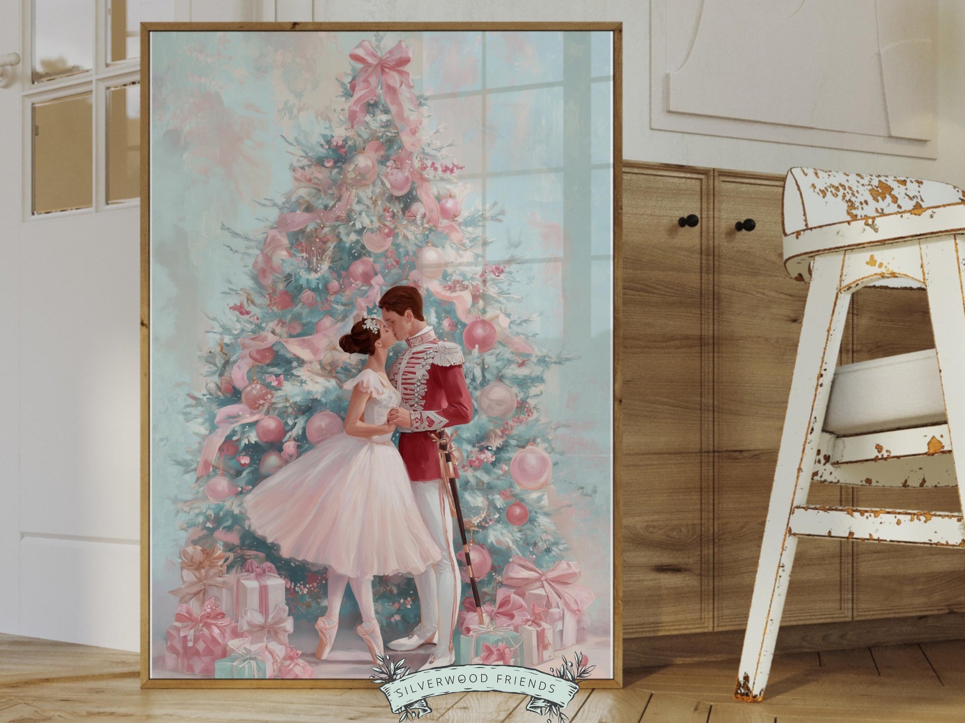 Nutcracker Ballet Christmas Print, Ballerina Christmas Printable Wall Art Poster, Pastel Festive Vintage Holiday Decor, Digital Download