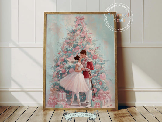 This enchanting pastel pink and blue Christmas ballet print captures a magical moment as a graceful ballerina kisses a Nutcracker soldier in front of a beautiful Christmas tree. The perfect gift for ballet lovers this print brings whimsical romance and festive charm to any space, making it delightful decor all year round!