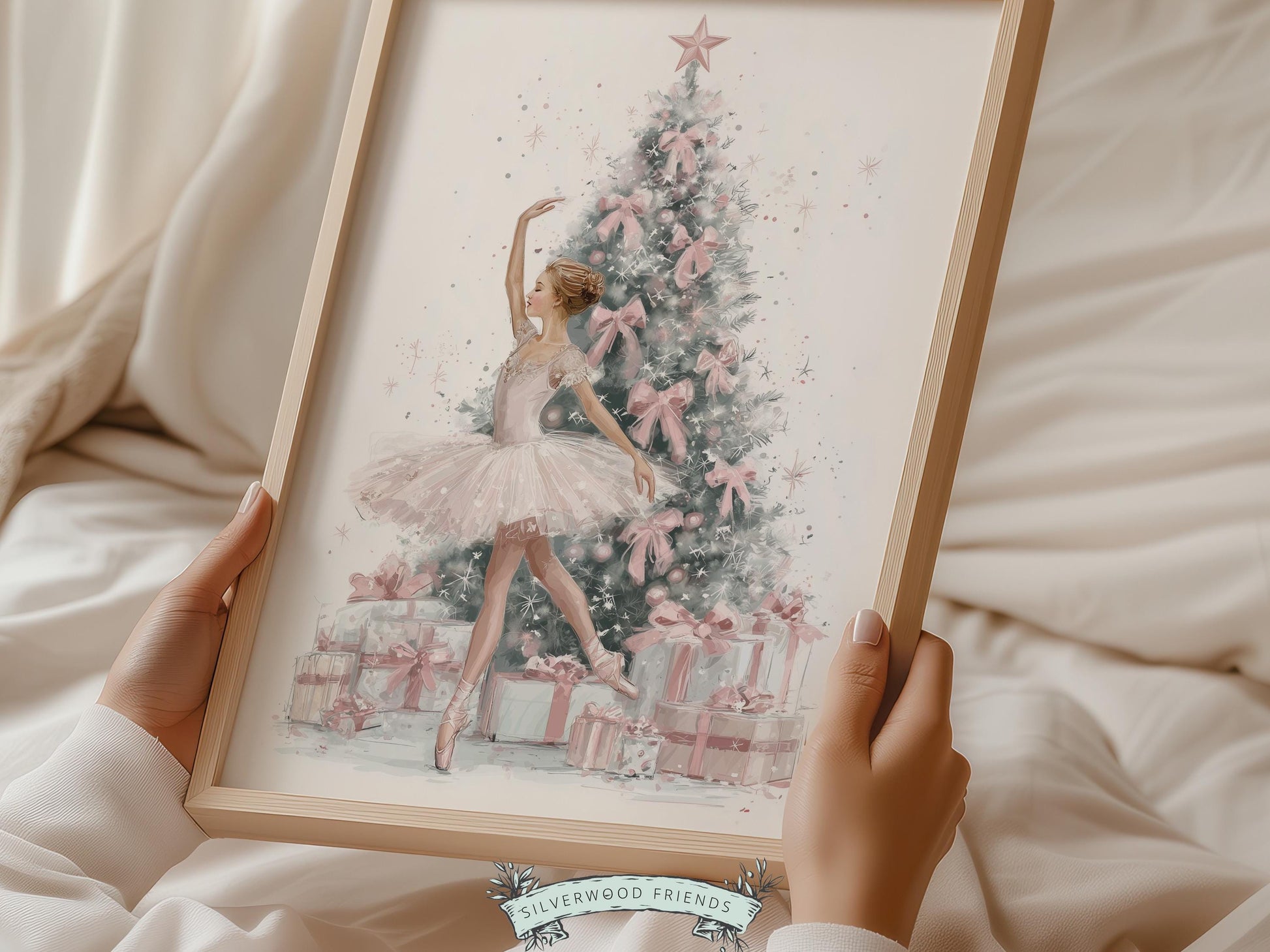 Ballerina Christmas Tree Print, Pink Ballerina Christmas Printable Wall Art, Girls Ballet Dancing Festive Christmas Decor Gift Digital Print
