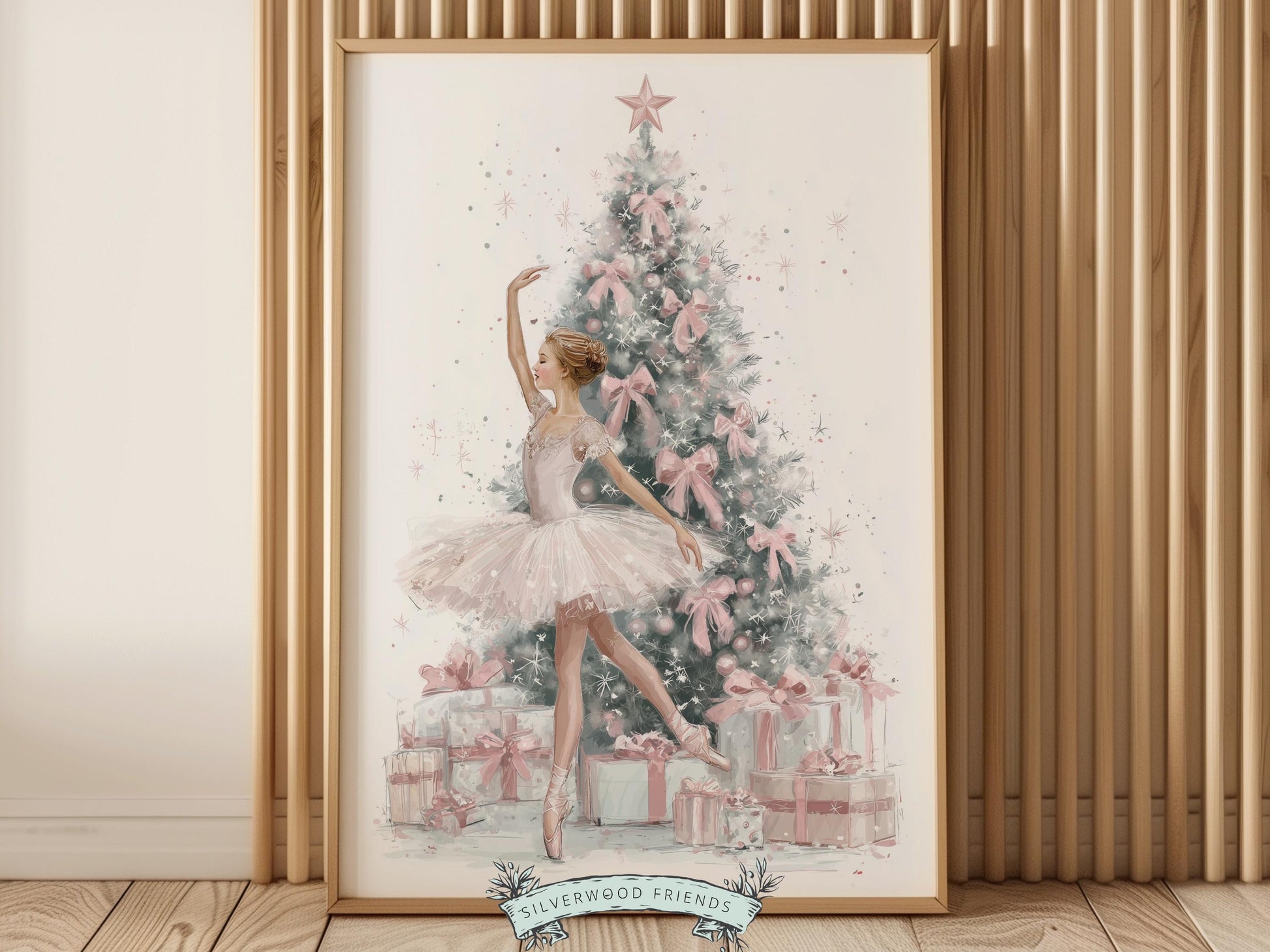 Ballerina Christmas Tree Print, Pink Ballerina Christmas Printable Wall Art, Girls Ballet Dancing Festive Christmas Decor Gift Digital Print