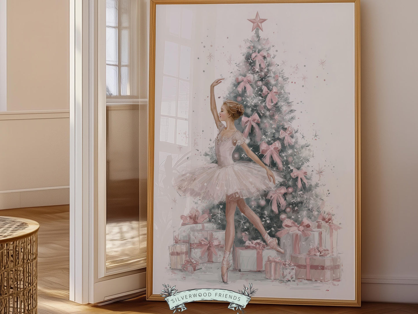 Ballerina Christmas Tree Print, Pink Ballerina Christmas Printable Wall Art, Girls Ballet Dancing Festive Christmas Decor Gift Digital Print