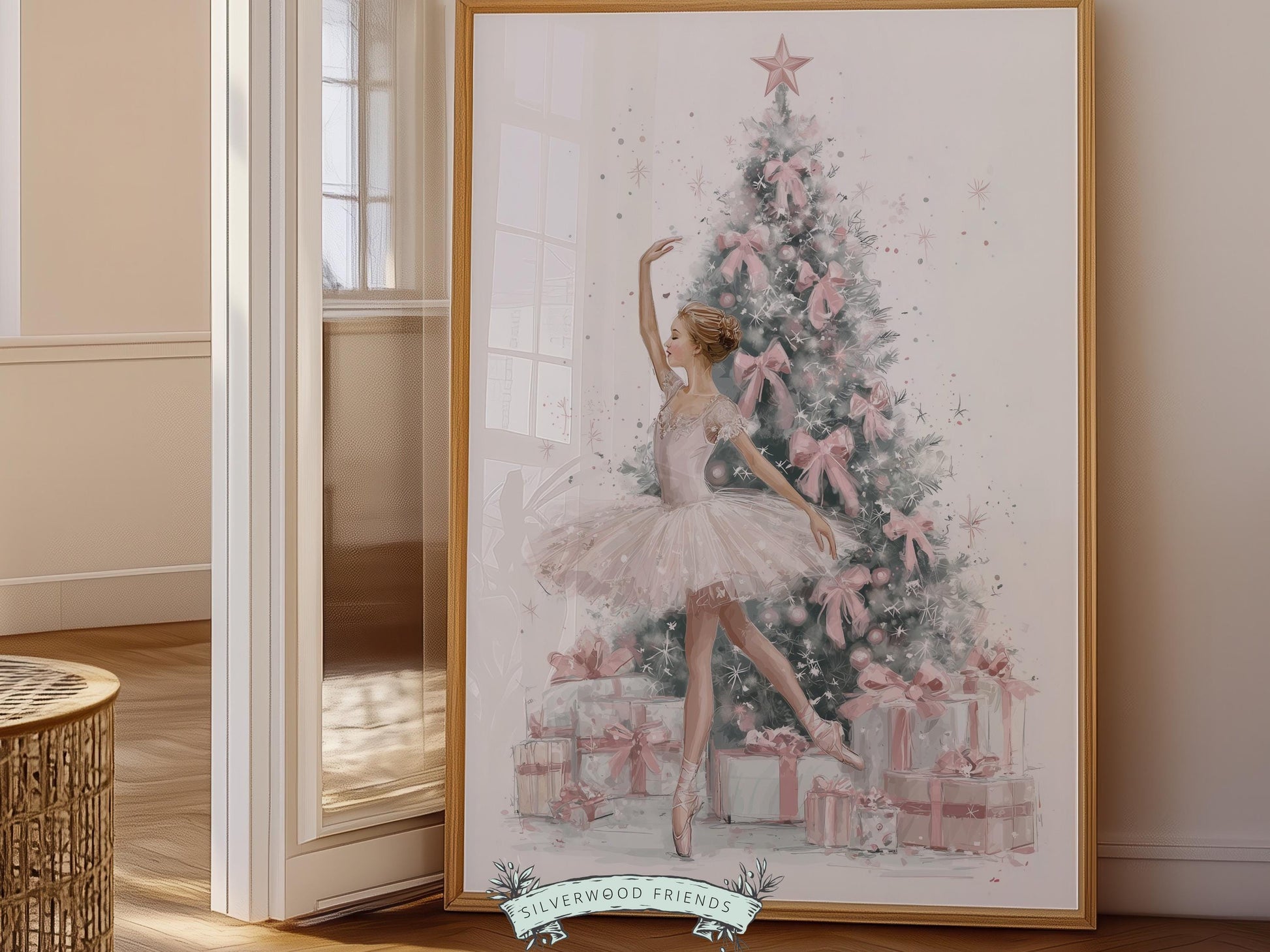 Ballerina Christmas Tree Print, Pink Ballerina Christmas Printable Wall Art, Girls Ballet Dancing Festive Christmas Decor Gift Digital Print