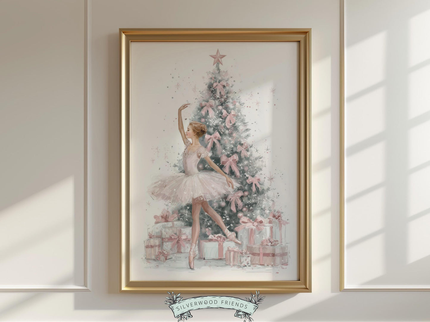 This Christmas ballet print truely is so beautiful and captures the magical moment as a graceful ballerina in a pink tutu dances in front of a Christmas tree. The perfect gift for ballet lovers this print brings whimsical romance and festive charm to any space and will be a seasonal favourite for years to come!