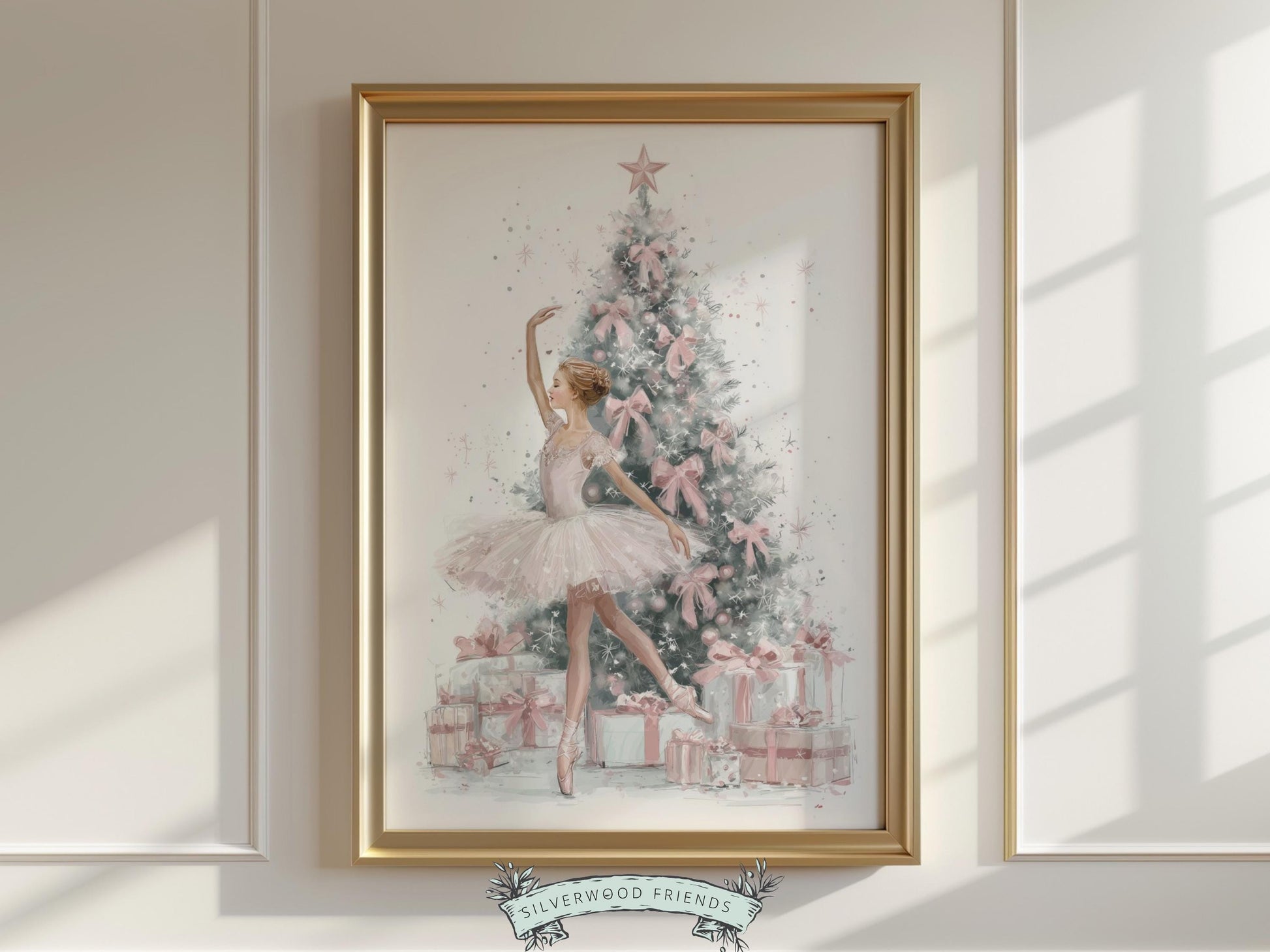 This Christmas ballet print truely is so beautiful and captures the magical moment as a graceful ballerina in a pink tutu dances in front of a Christmas tree. The perfect gift for ballet lovers this print brings whimsical romance and festive charm to any space and will be a seasonal favourite for years to come!