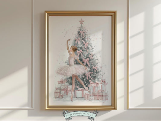 This Christmas ballet print truely is so beautiful and captures the magical moment as a graceful ballerina in a pink tutu dances in front of a Christmas tree. The perfect gift for ballet lovers this print brings whimsical romance and festive charm to any space and will be a seasonal favourite for years to come!