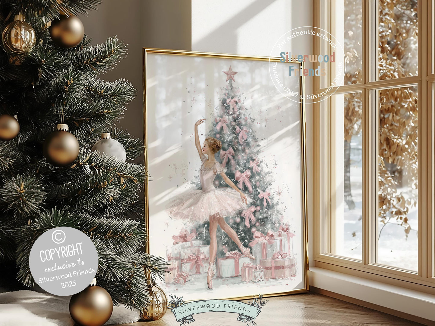 Ballerina Christmas Tree Print, Pink Ballerina Christmas Printable Wall Art, Girls Ballet Dancing Festive Christmas Decor Gift Digital Print