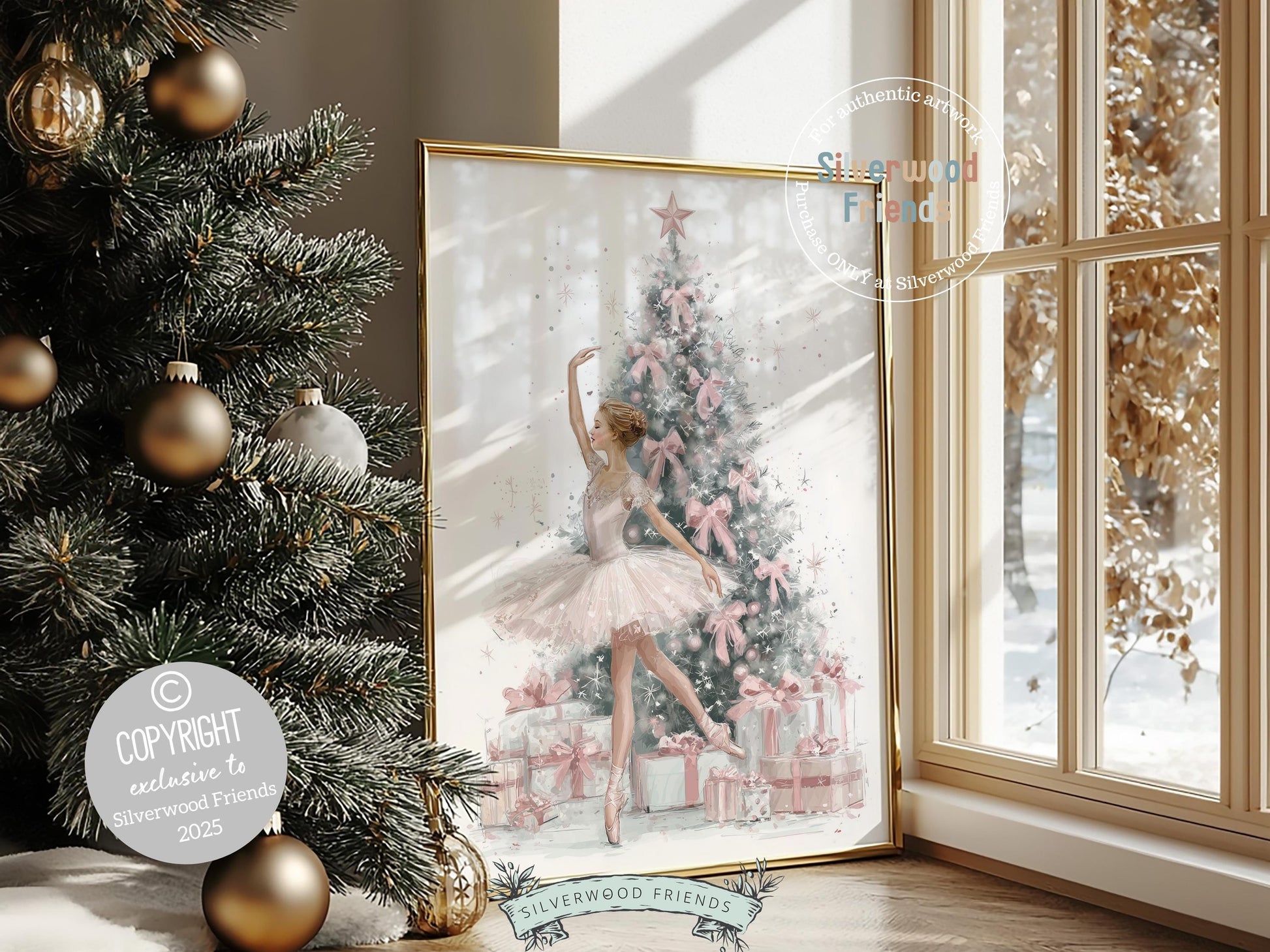 Ballerina Christmas Tree Print, Pink Ballerina Christmas Printable Wall Art, Girls Ballet Dancing Festive Christmas Decor Gift Digital Print