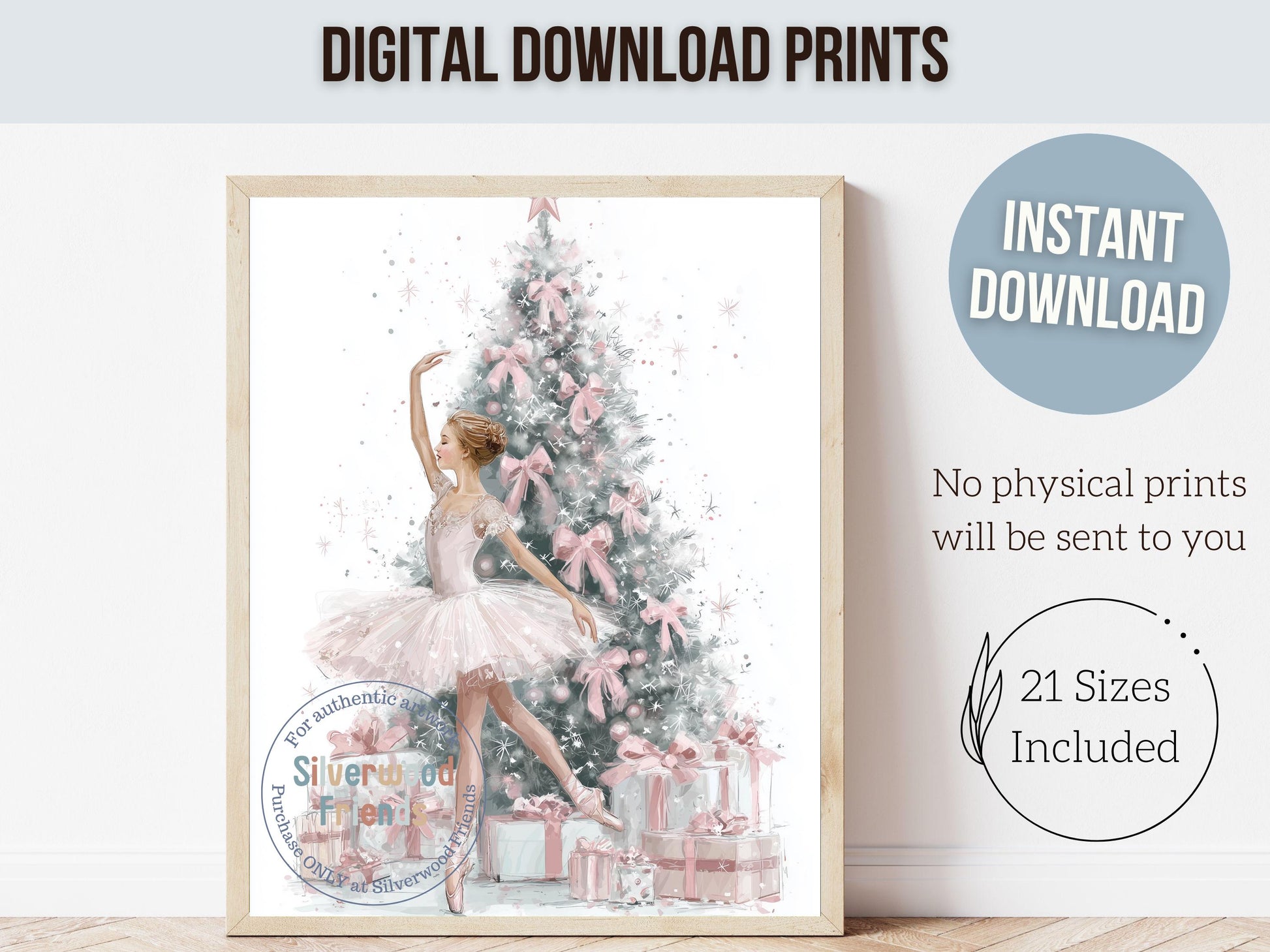 Ballerina Christmas Tree Print, Pink Ballerina Christmas Printable Wall Art, Girls Ballet Dancing Festive Christmas Decor Gift Digital Print