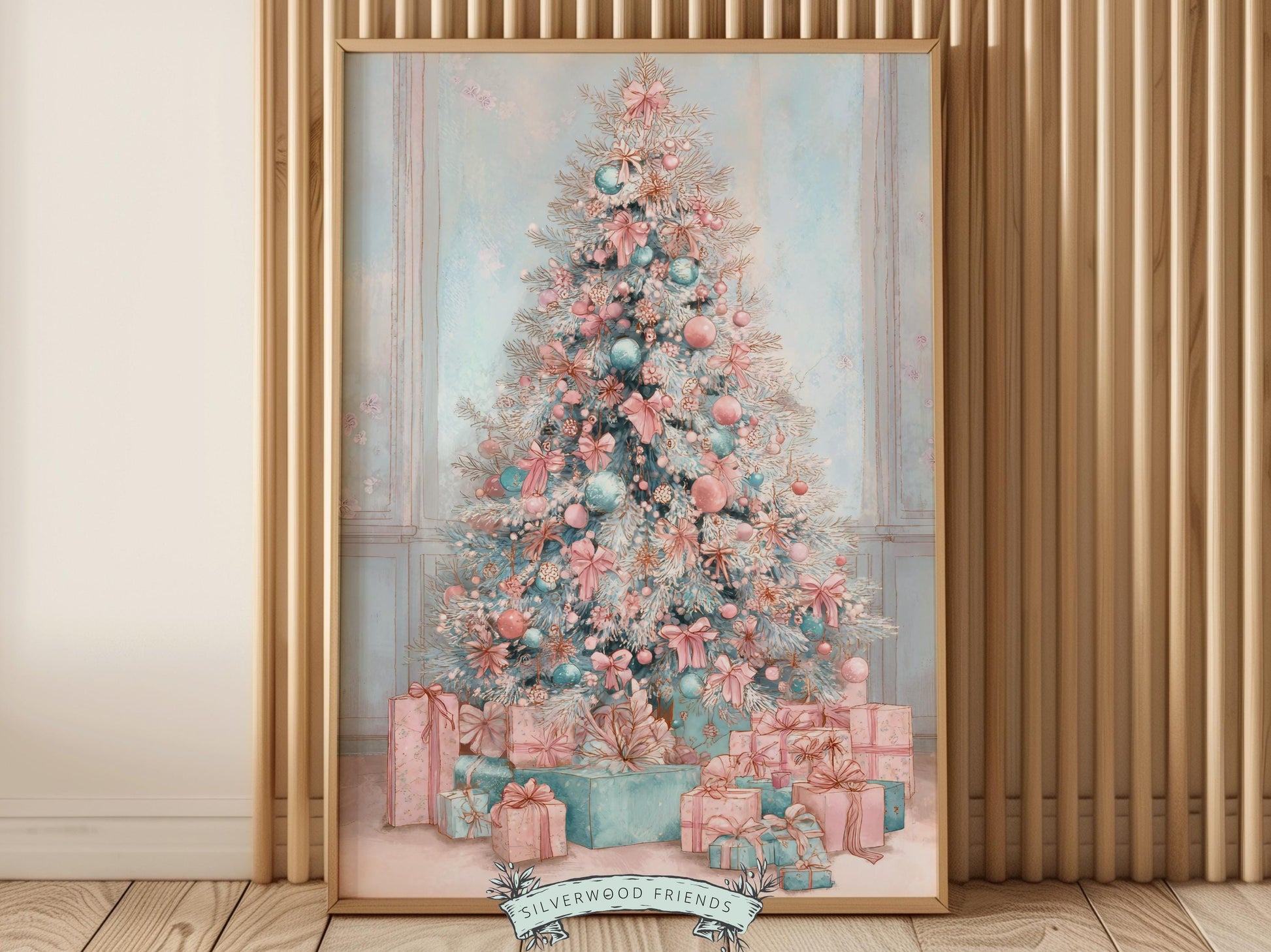 Pastel Pink and Blue Christmas Tree Print, Festive Home Decor Printable Wall Art, Preppy Holiday Hosting Decorations, Digital Download Print