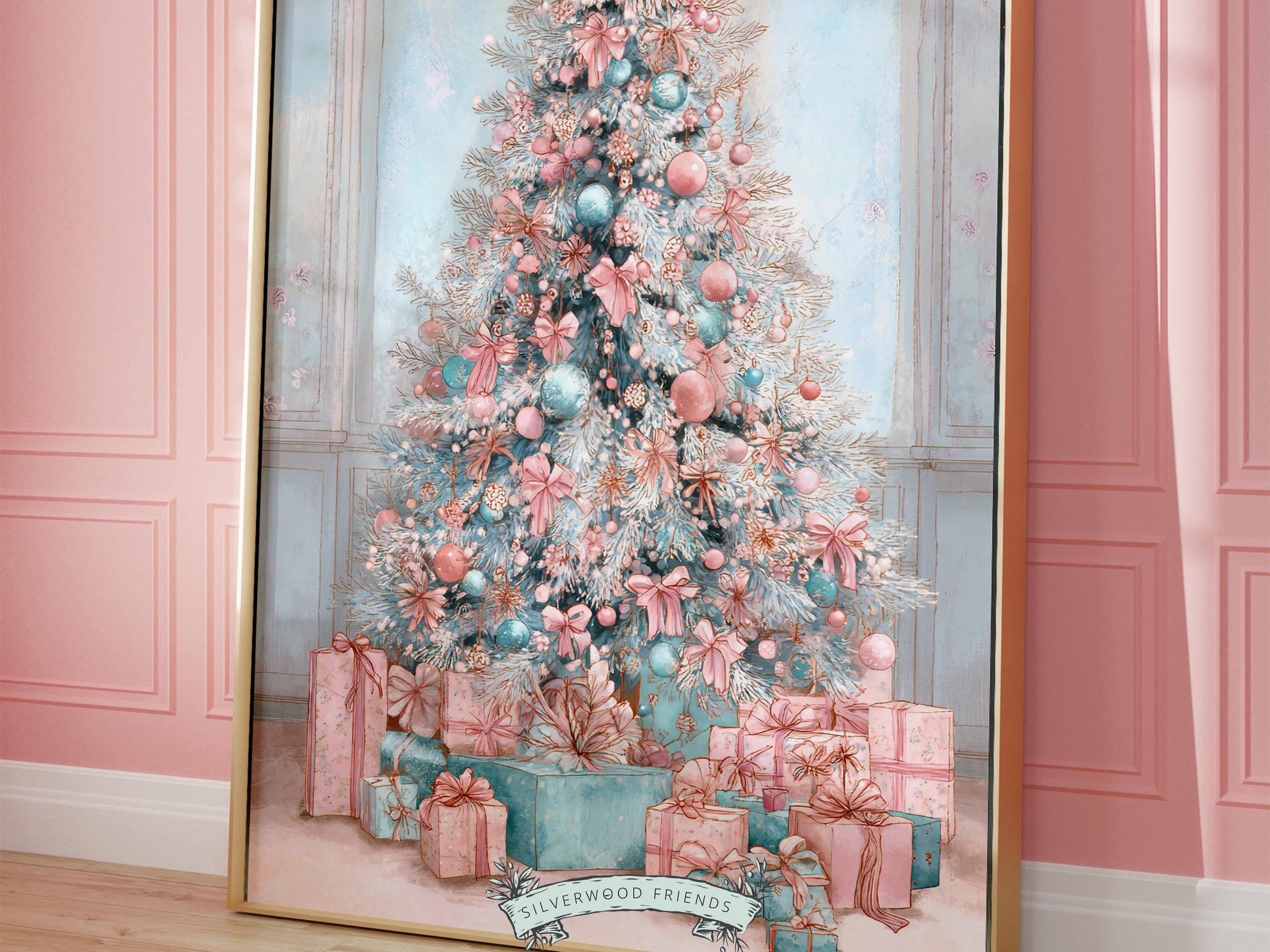 Pastel Pink and Blue Christmas Tree Print, Festive Home Decor Printable Wall Art, Preppy Holiday Hosting Decorations, Digital Download Print
