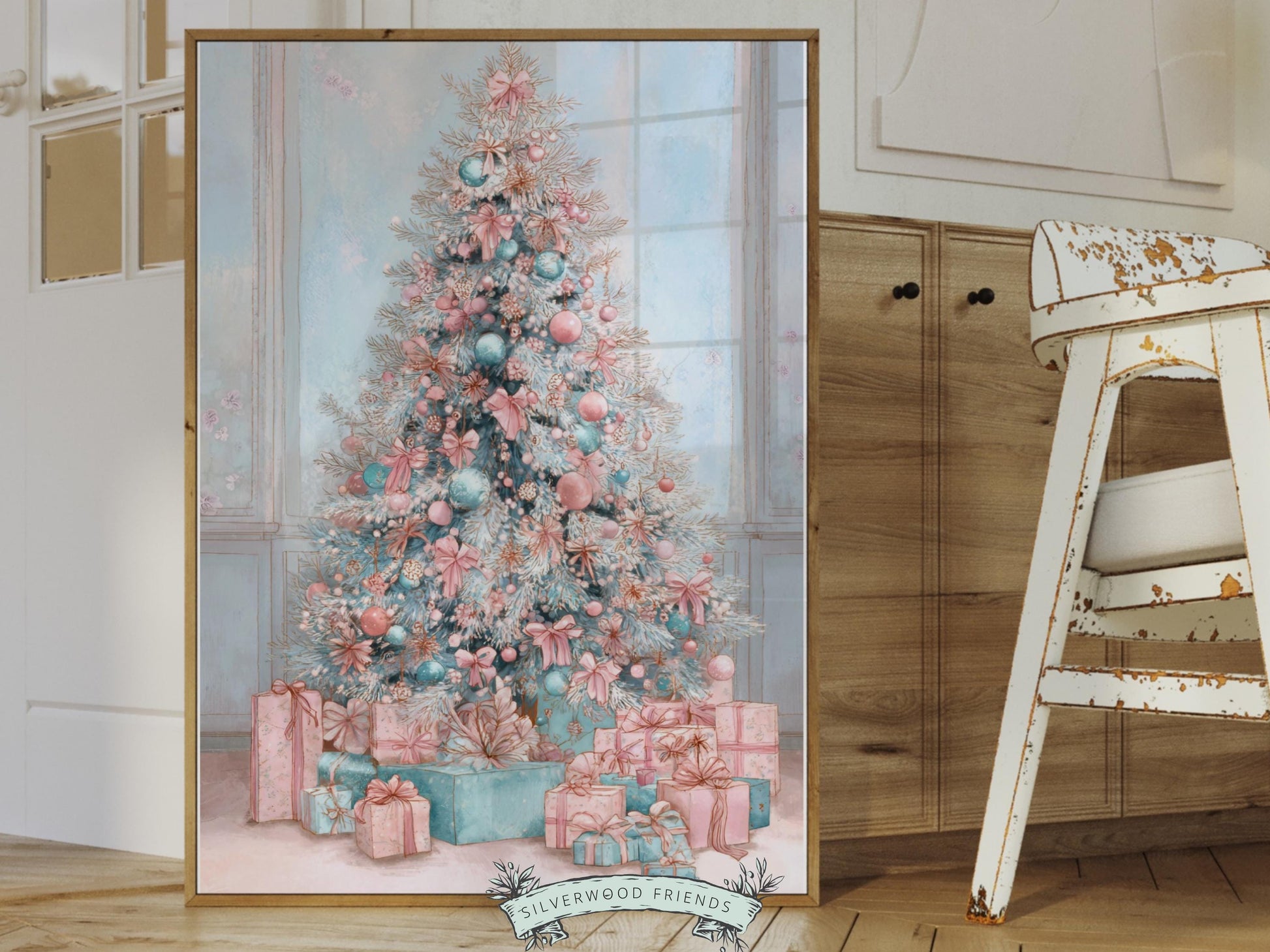 Pastel Pink and Blue Christmas Tree Print, Festive Home Decor Printable Wall Art, Preppy Holiday Hosting Decorations, Digital Download Print