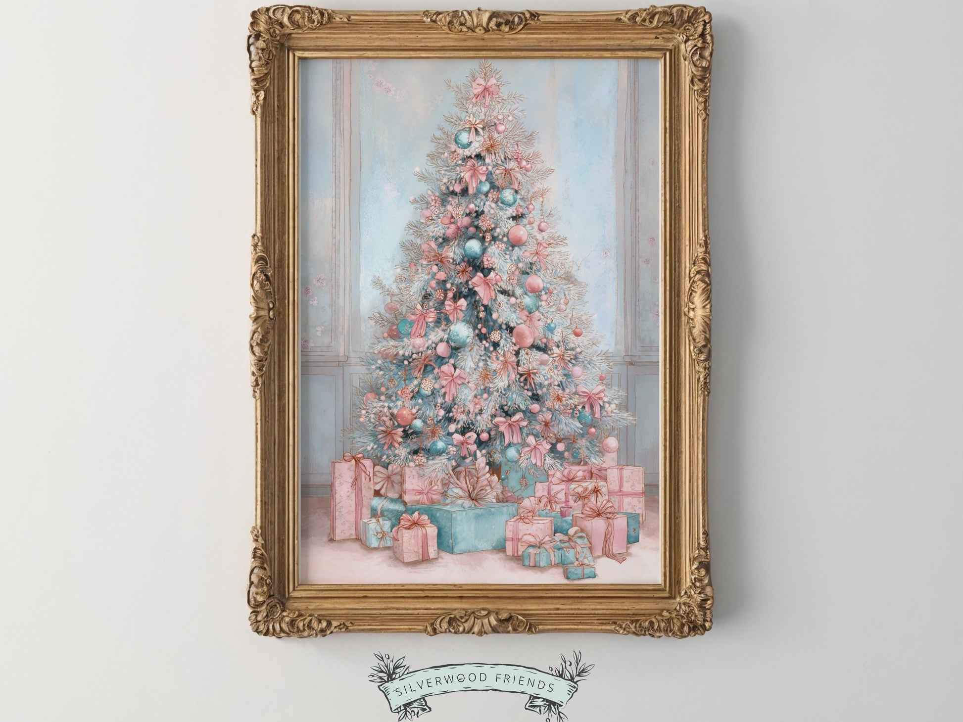 Pastel Pink and Blue Christmas Tree Print, Festive Home Decor Printable Wall Art, Preppy Holiday Hosting Decorations, Digital Download Print