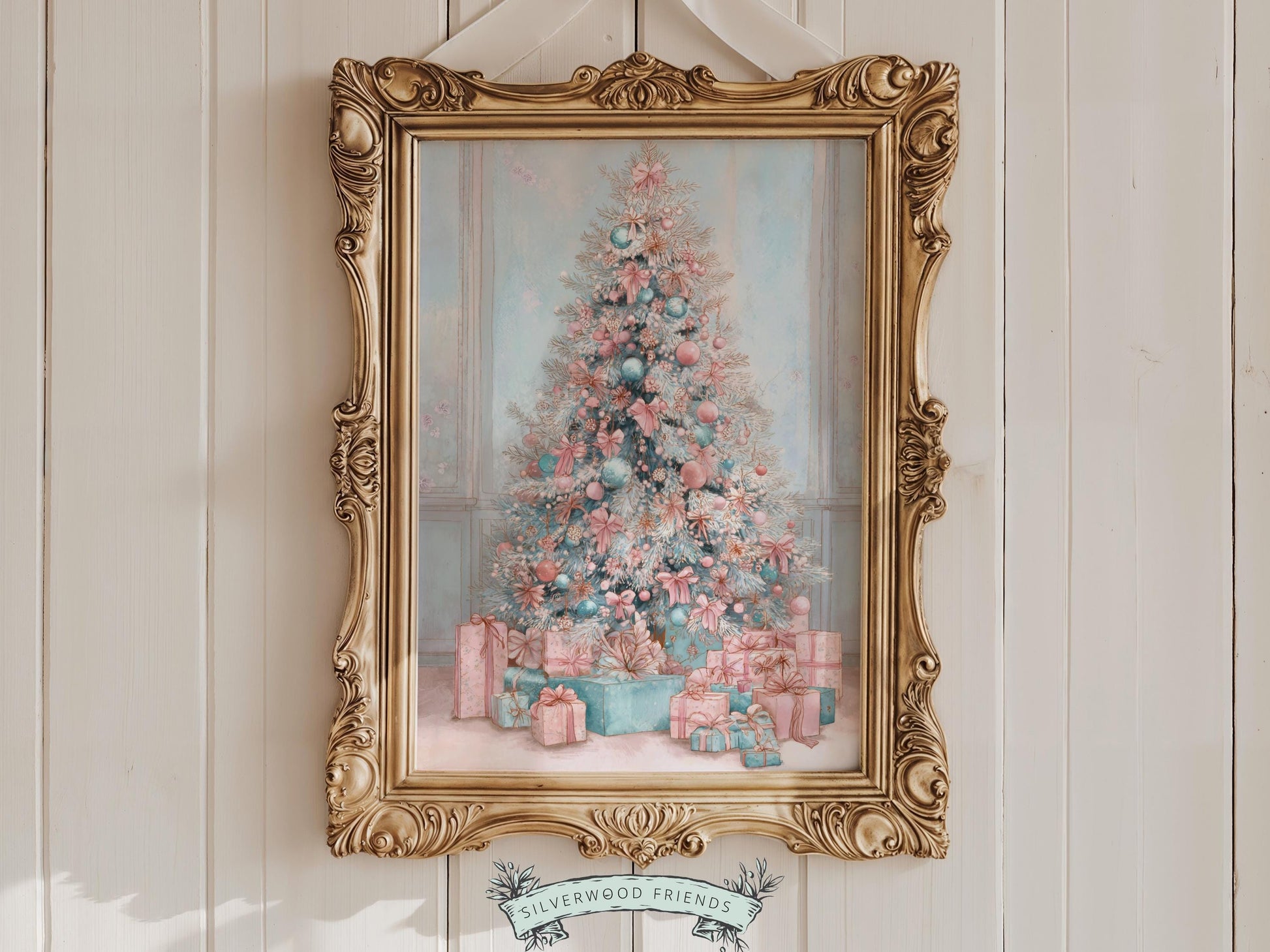 Pastel Pink and Blue Christmas Tree Print, Festive Home Decor Printable Wall Art, Preppy Holiday Hosting Decorations, Digital Download Print