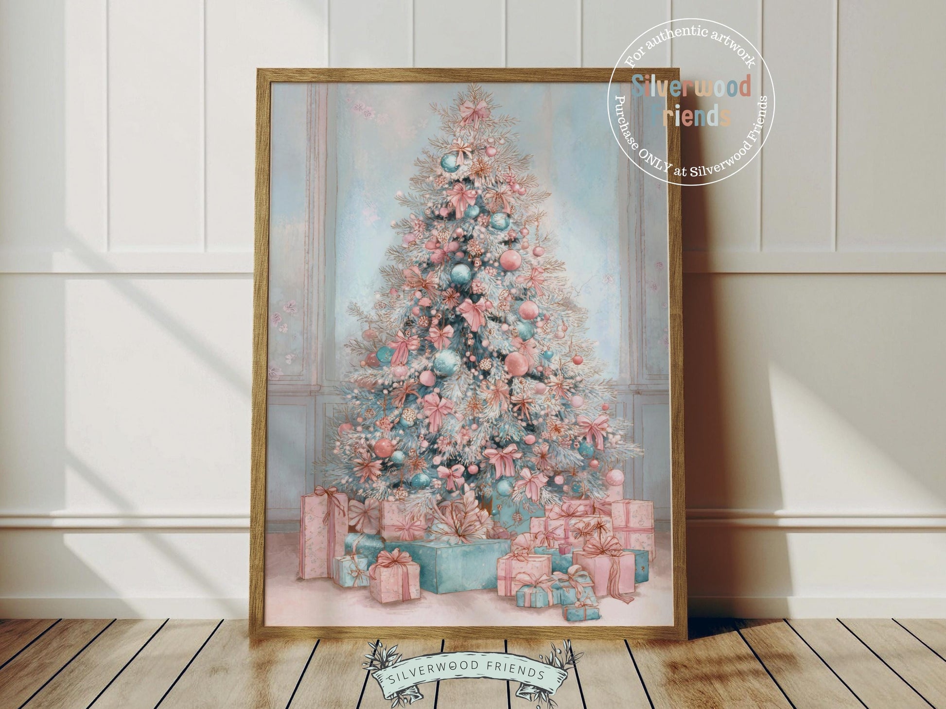 Pastel Pink and Blue Christmas Tree Print, Festive Home Decor Printable Wall Art, Preppy Holiday Hosting Decorations, Digital Download Print
