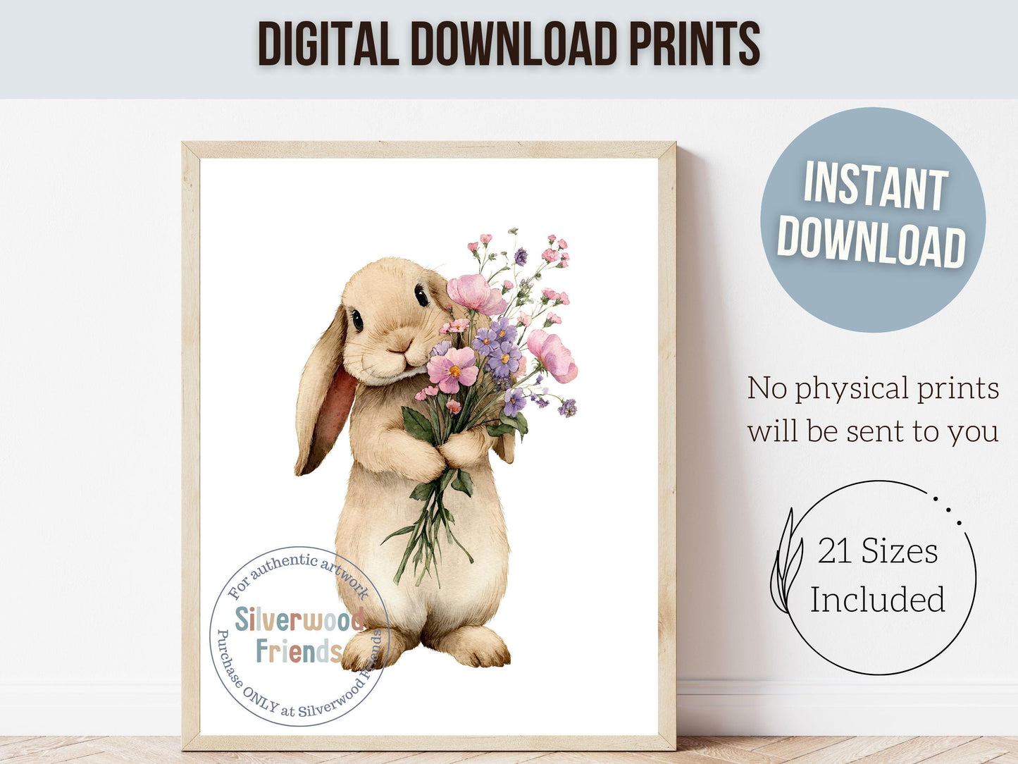 Floral Bunny Nursery Prints, Baby Girl Woodland Rabbit Nursery Wall Art, Spring and Easter Decor, Wildflower Bouquet Poster Digital Print