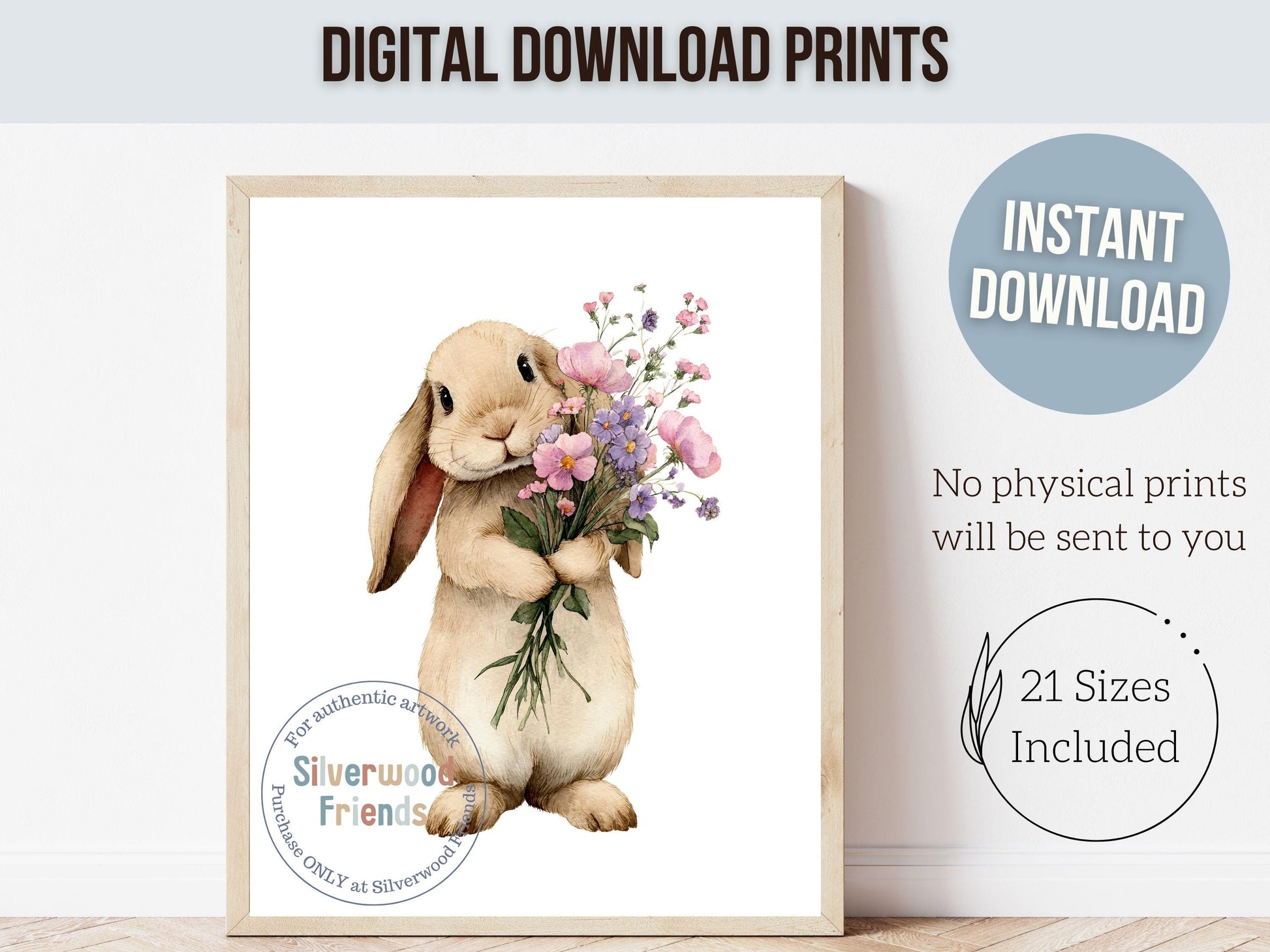 Floral Bunny Nursery Prints, Baby Girl Woodland Rabbit Nursery Wall Art, Spring and Easter Decor, Wildflower Bouquet Poster Digital Print