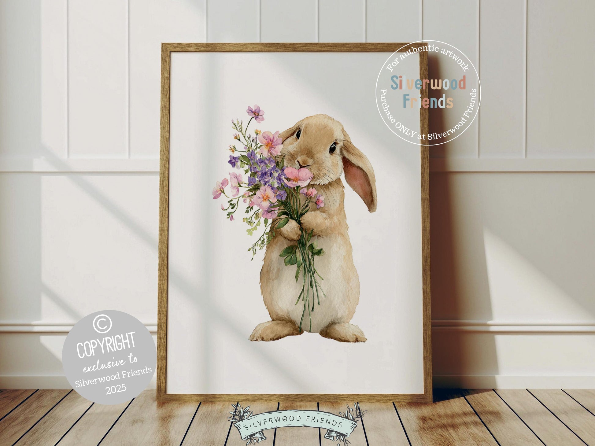 Floral Bunny Nursery Prints, Baby Girl Woodland Rabbit Nursery Wall Art, Spring and Easter Decor, Wildflower Bouquet Poster Digital Print