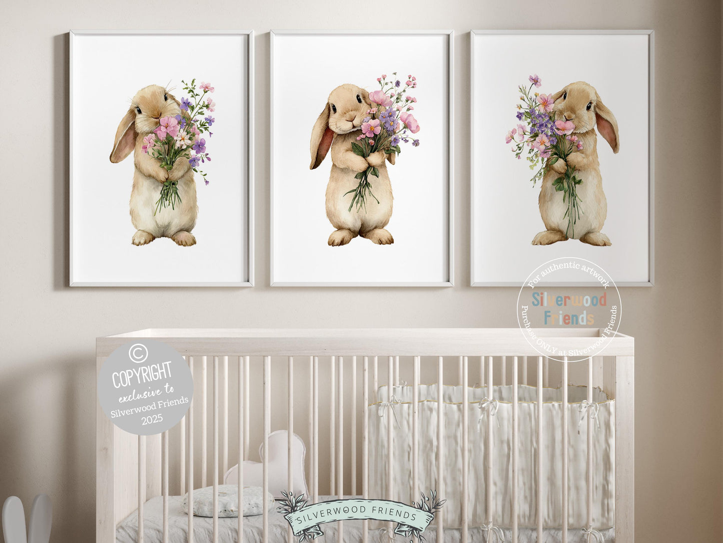 Floral Bunny Nursery Prints, Baby Girl Woodland Rabbit Nursery Wall Art, Spring and Easter Decor, Wildflower Bouquet Poster Digital Print