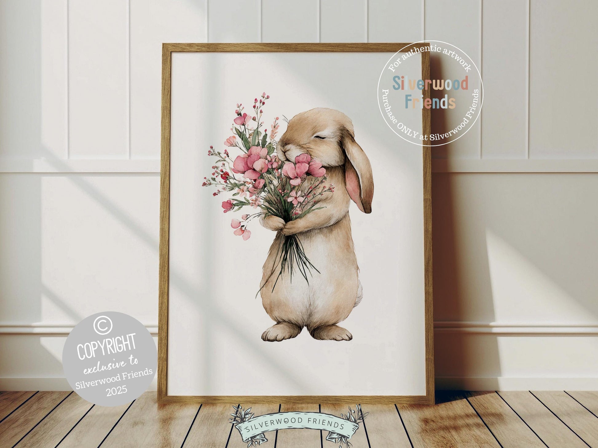 Floral Bunny Nursery Prints, Baby Girl Woodland Rabbit Nursery Wall Art, Wildflower Digital Print