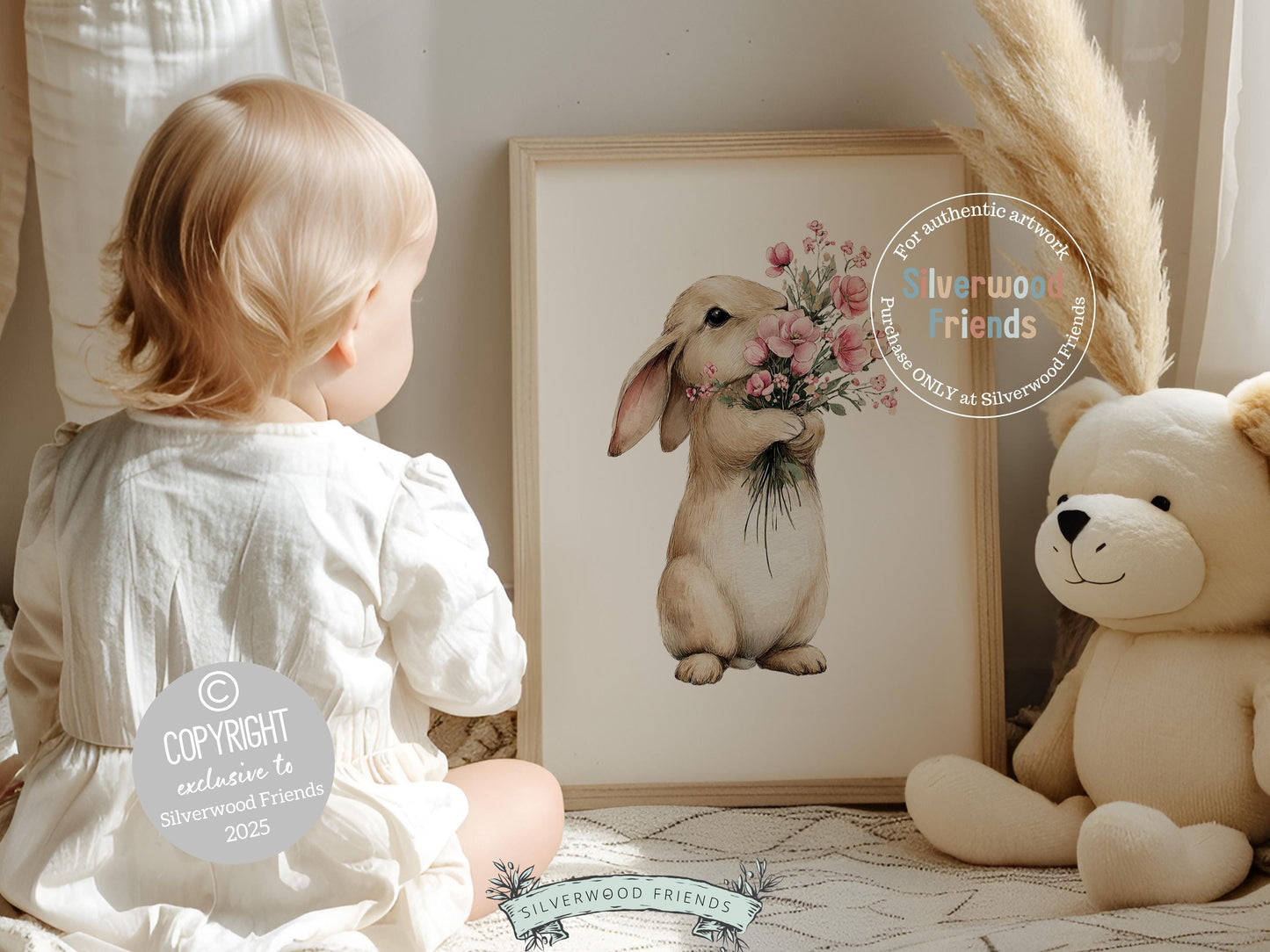 Floral Bunny Nursery Prints, Baby Girl Woodland Rabbit Nursery Wall Art, Wildflower Digital Print