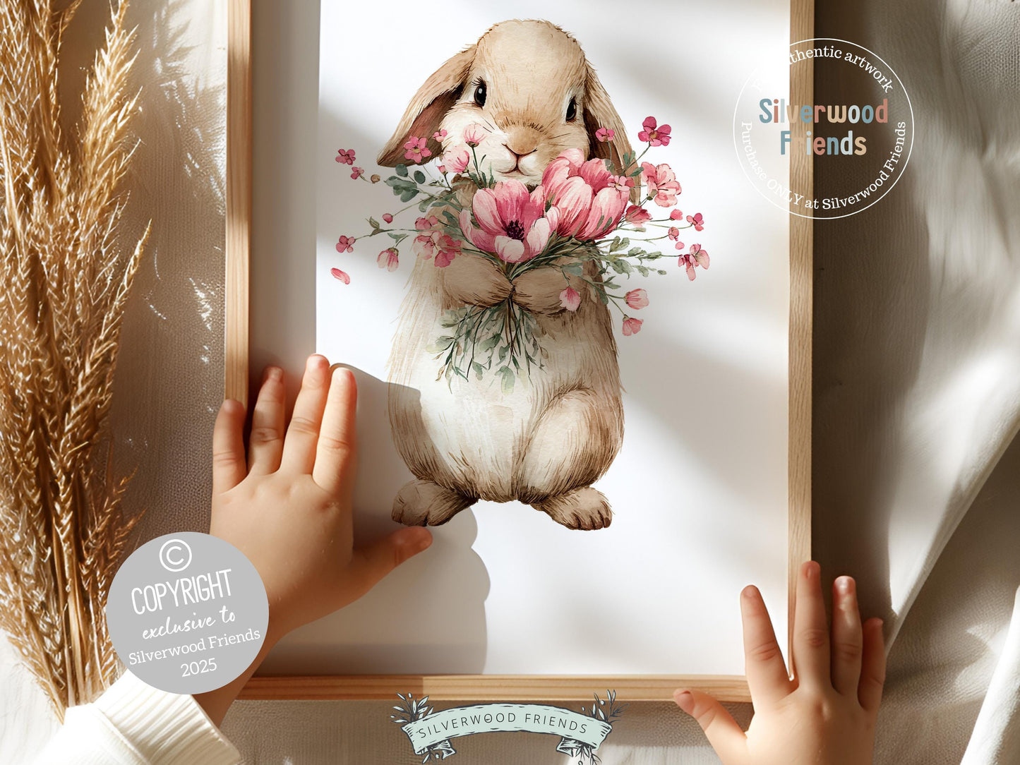 Floral Bunny Nursery Prints, Baby Girl Woodland Rabbit Nursery Wall Art, Wildflower Digital Print