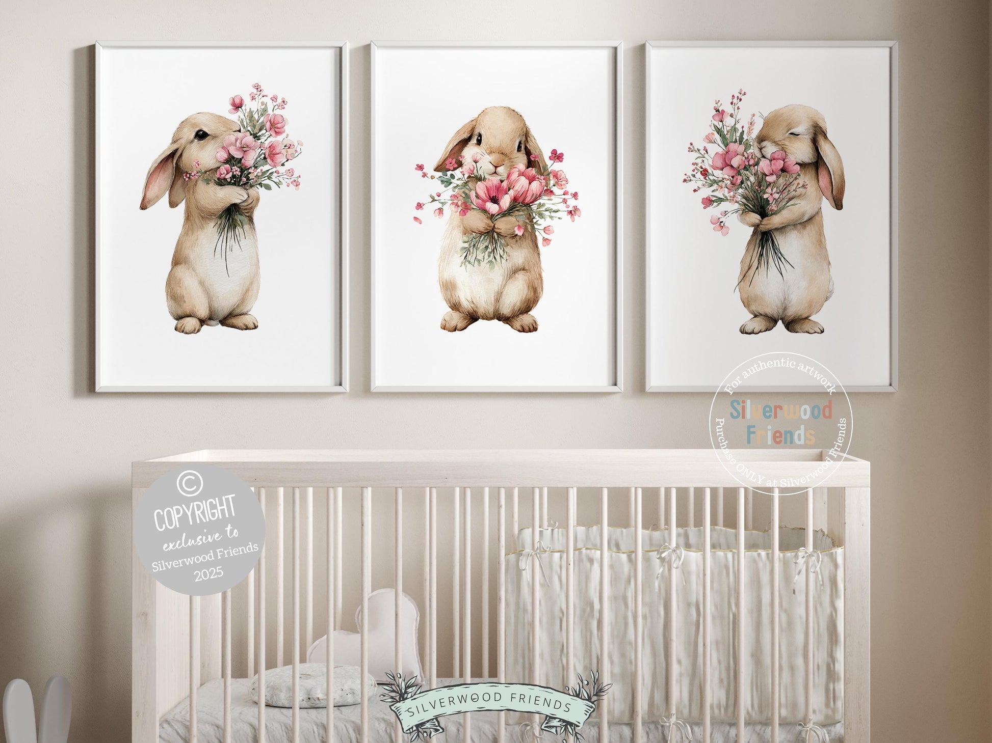 Floral Bunny Nursery Prints, Baby Girl Woodland Rabbit Nursery Wall Art, Wildflower Digital Print