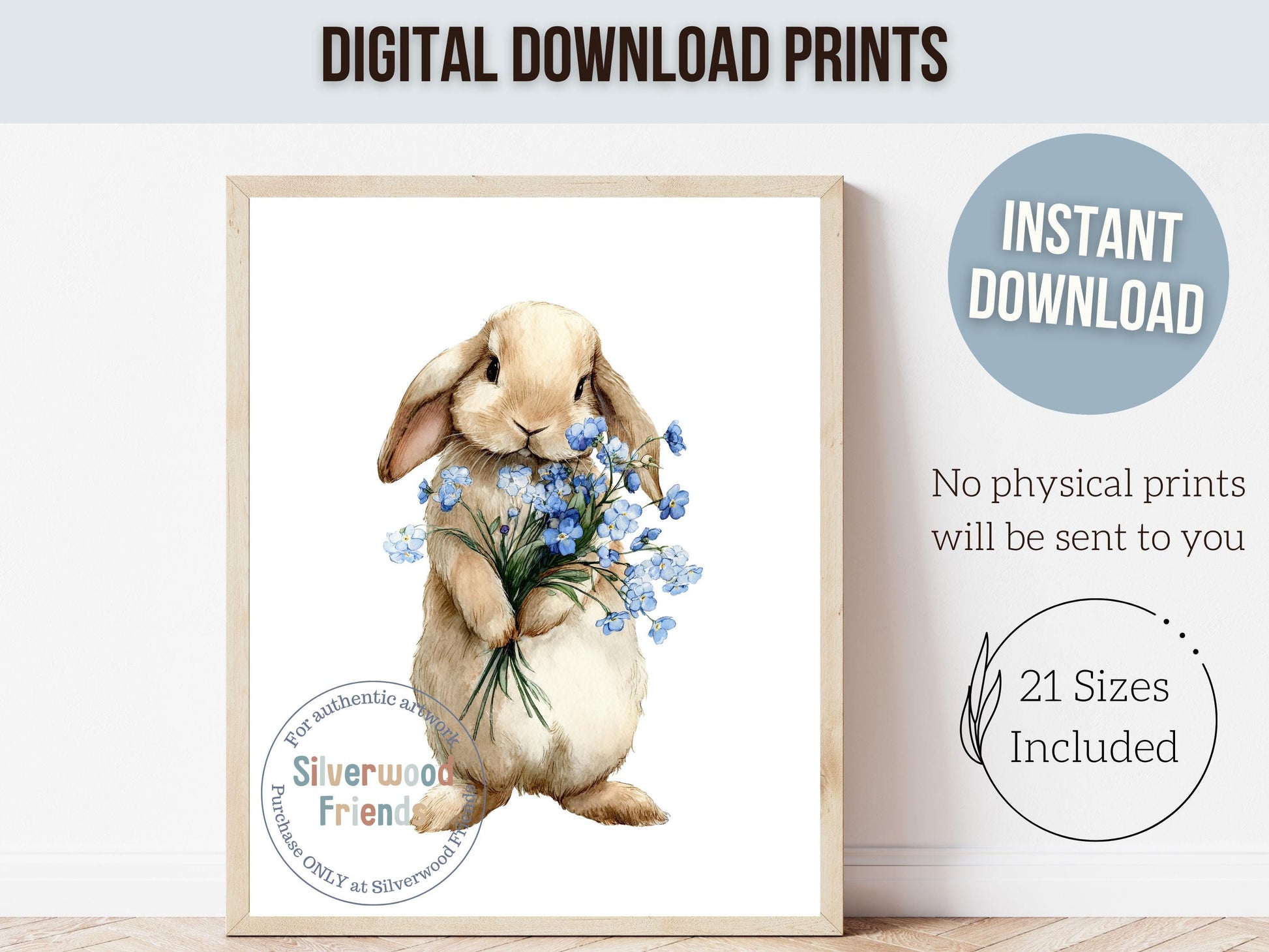 Floral Bunny Nursery Prints, Woodland Rabbit Nursery Wall Art, Blue Wildflower Bouquet Digital Print