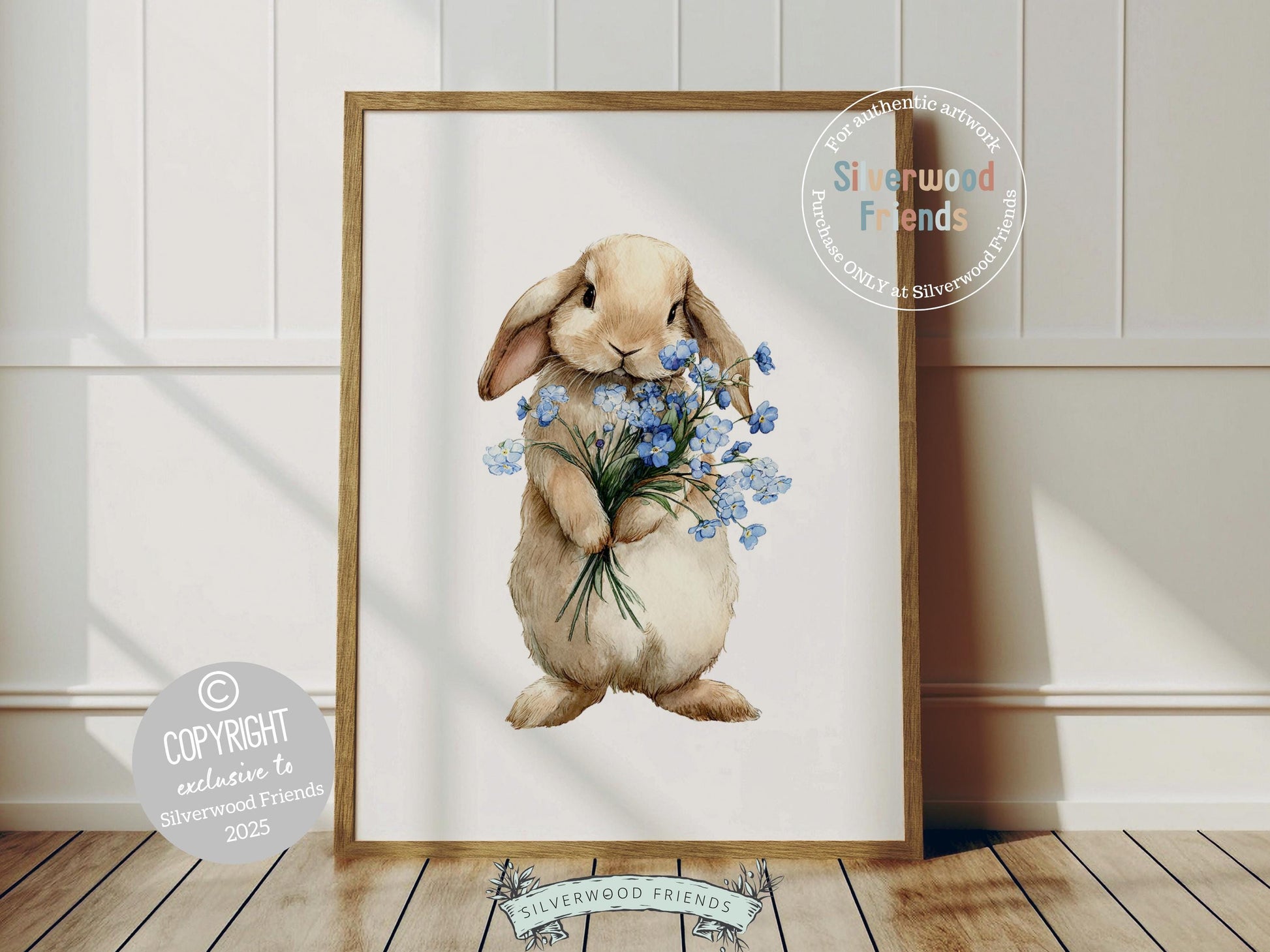 Floral Bunny Nursery Prints, Woodland Rabbit Nursery Wall Art, Blue Wildflower Bouquet Digital Print