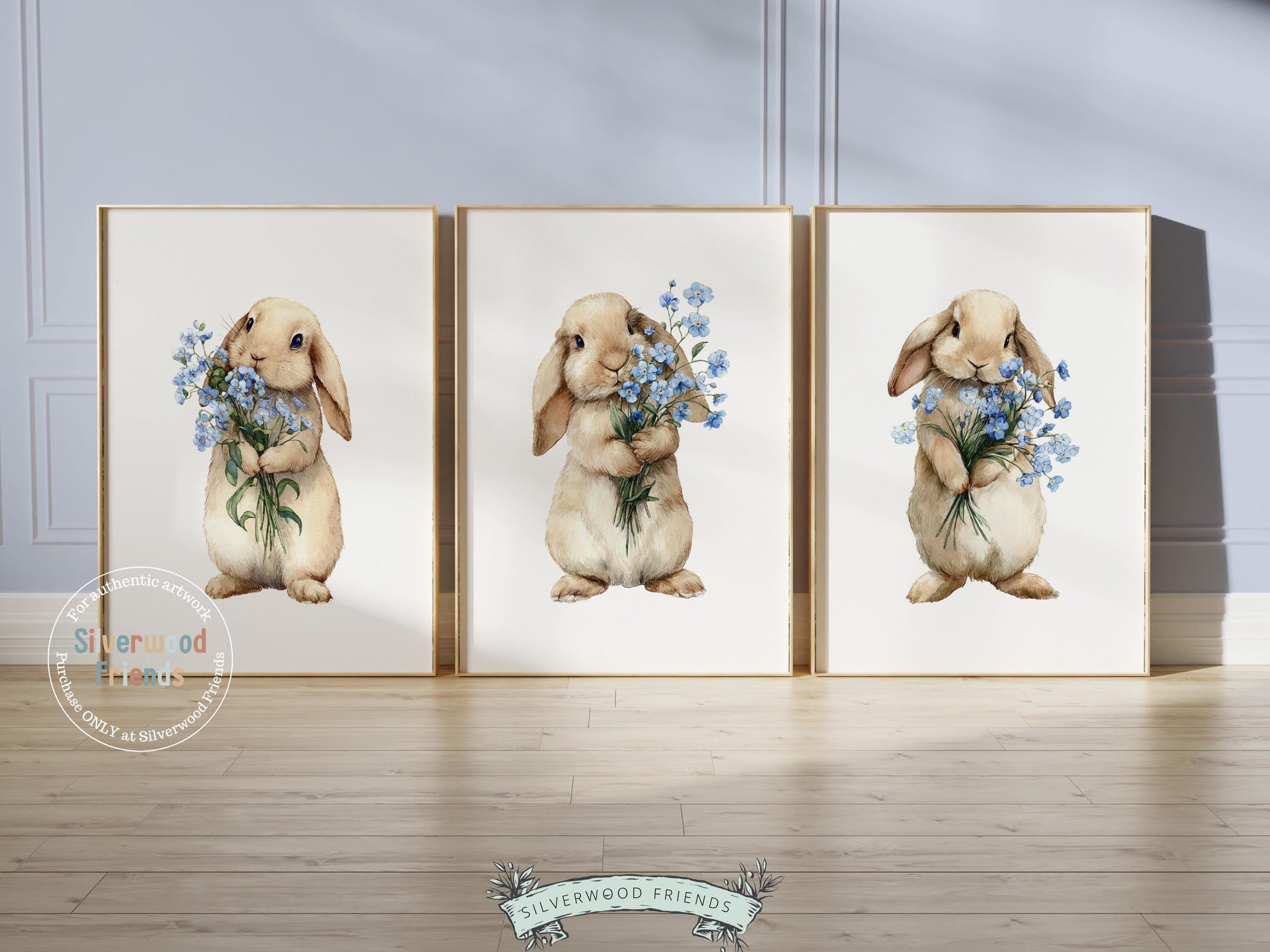 Floral Bunny Nursery Prints, Woodland Rabbit Nursery Wall Art, Blue Wildflower Bouquet Digital Print