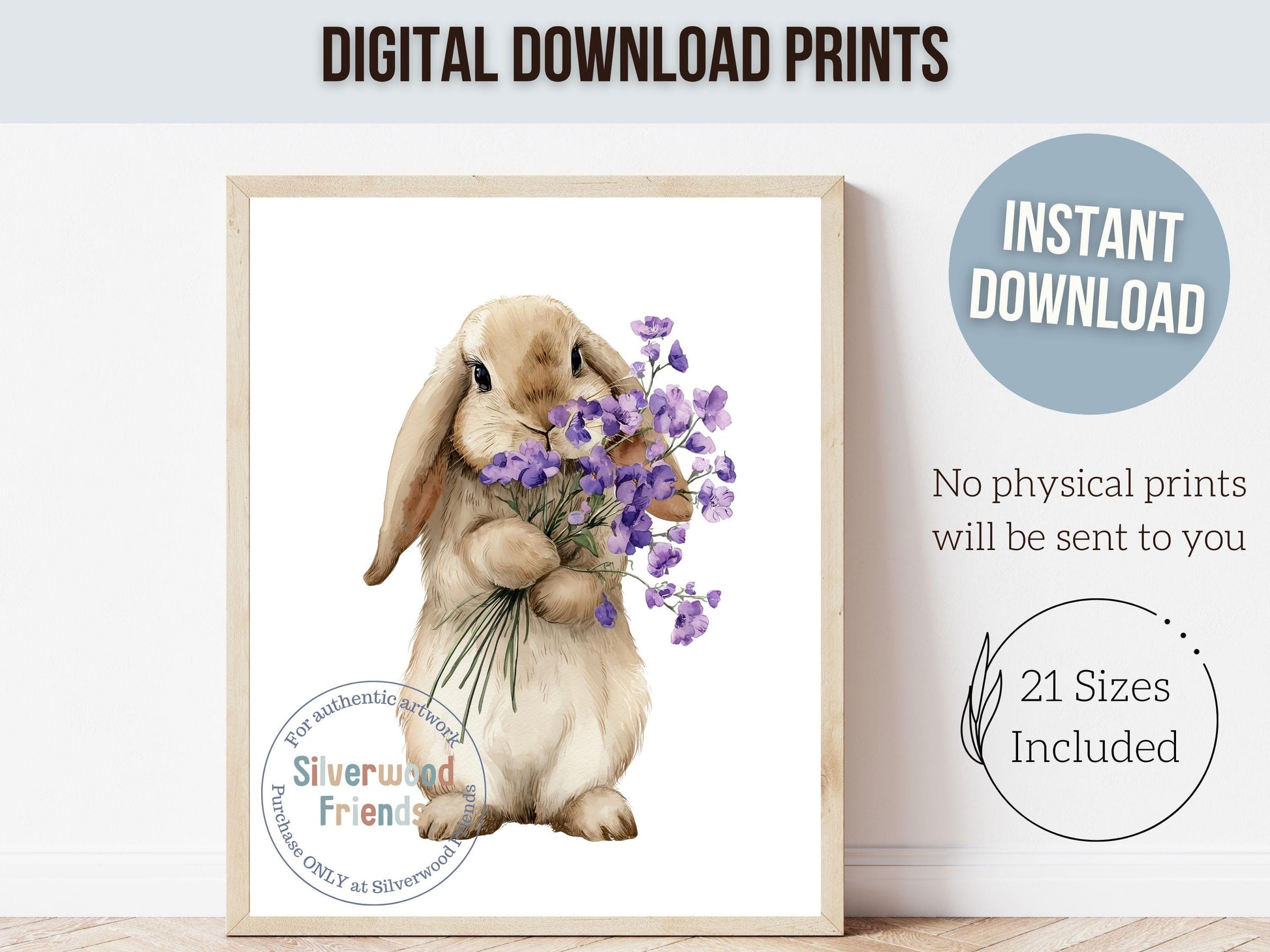 Floral Bunny Nursery Prints, Baby Girl Woodland Rabbit Nursery Wall Art, Purple Wildflower Bouquet Poster Digital Print