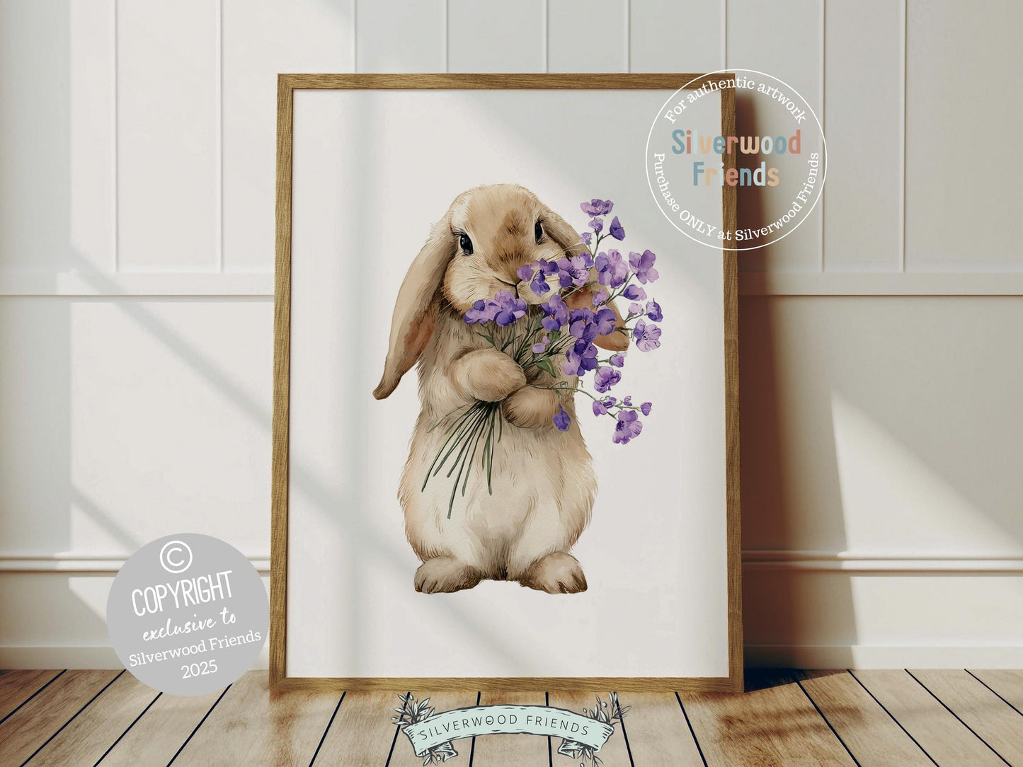 Floral Bunny Nursery Prints, Baby Girl Woodland Rabbit Nursery Wall Art, Purple Wildflower Bouquet Poster Digital Print