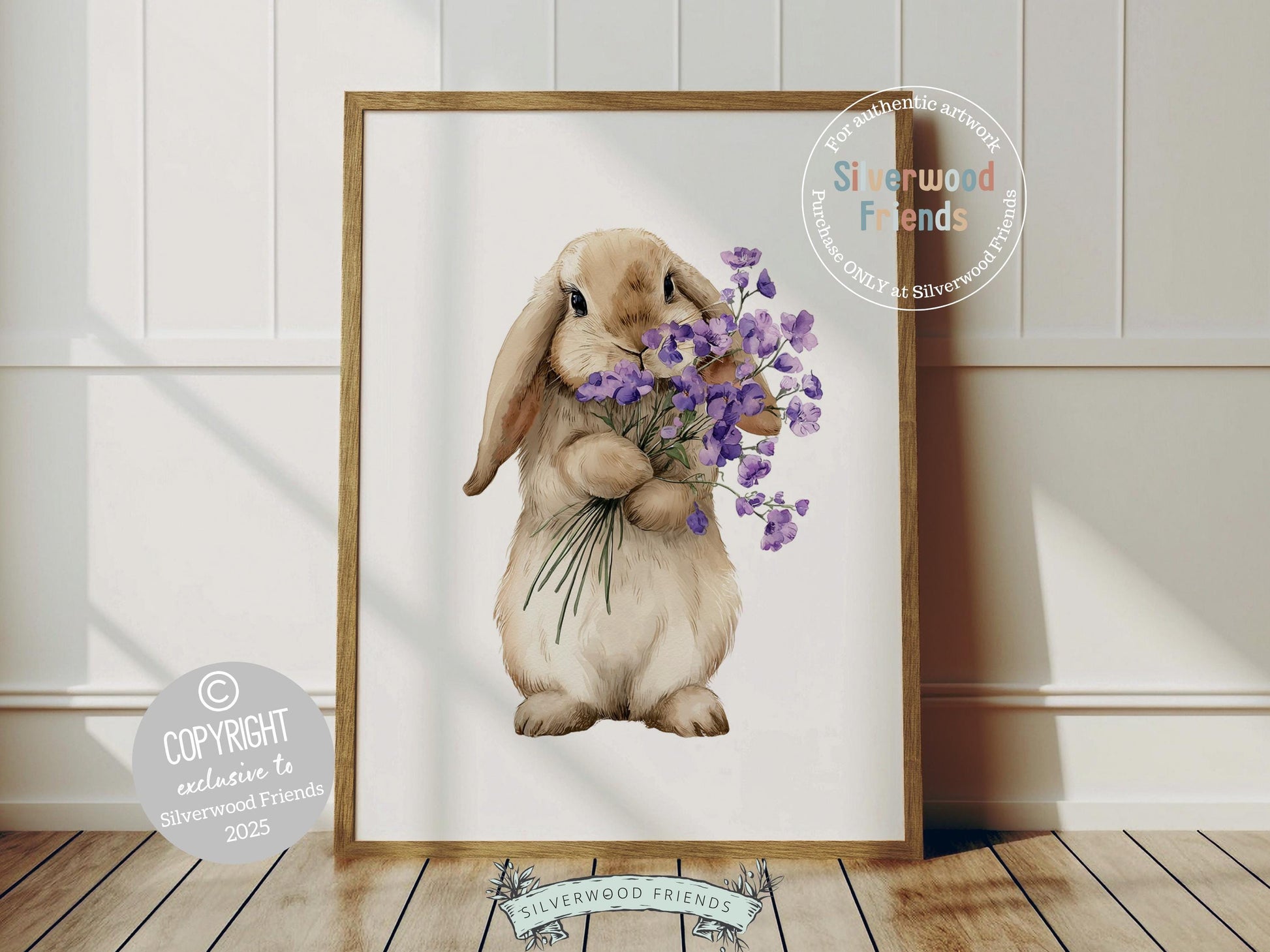 Floral Bunny Nursery Prints, Baby Girl Woodland Rabbit Nursery Wall Art, Purple Wildflower Bouquet Poster Digital Print