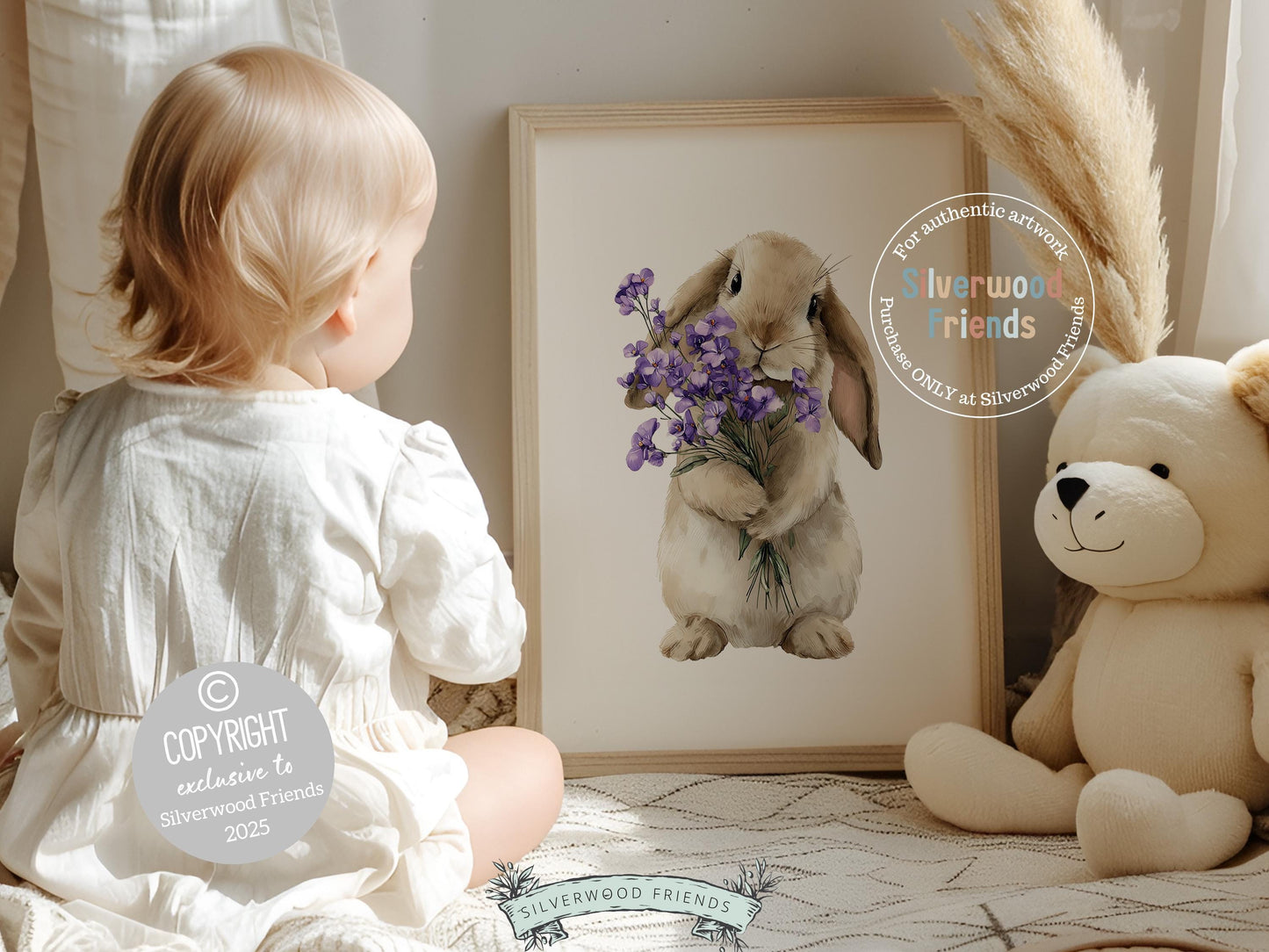 Floral Bunny Nursery Prints, Baby Girl Woodland Rabbit Nursery Wall Art, Purple Wildflower Bouquet Poster Digital Print