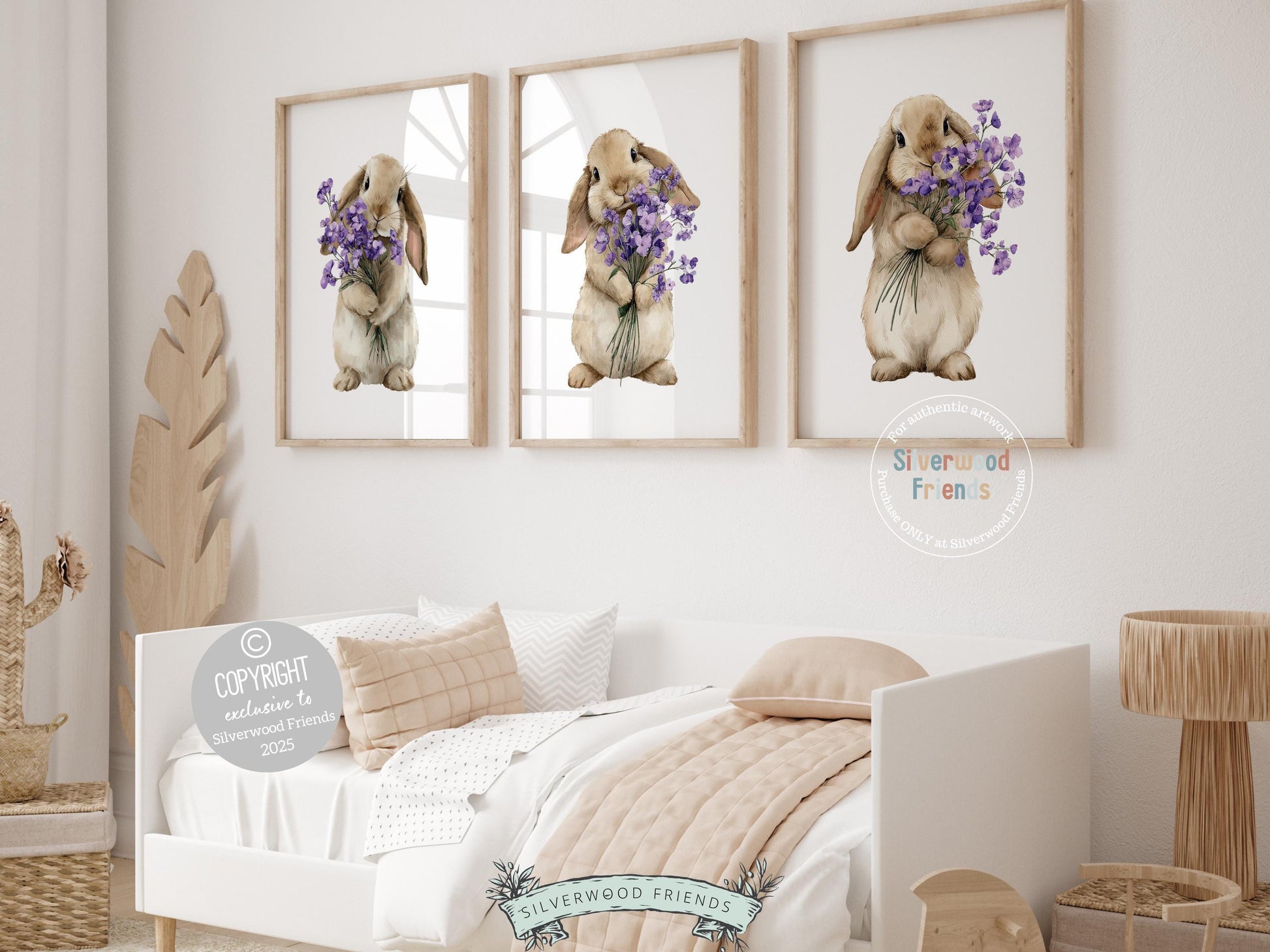 Our delightful Set of 3 Bunny Nursery Prints features adorable bunny rabbits with purple wildflower bouquets. Perfect for your baby girl's floral woodland nursery decor and also makes a unique baby shower gift.
