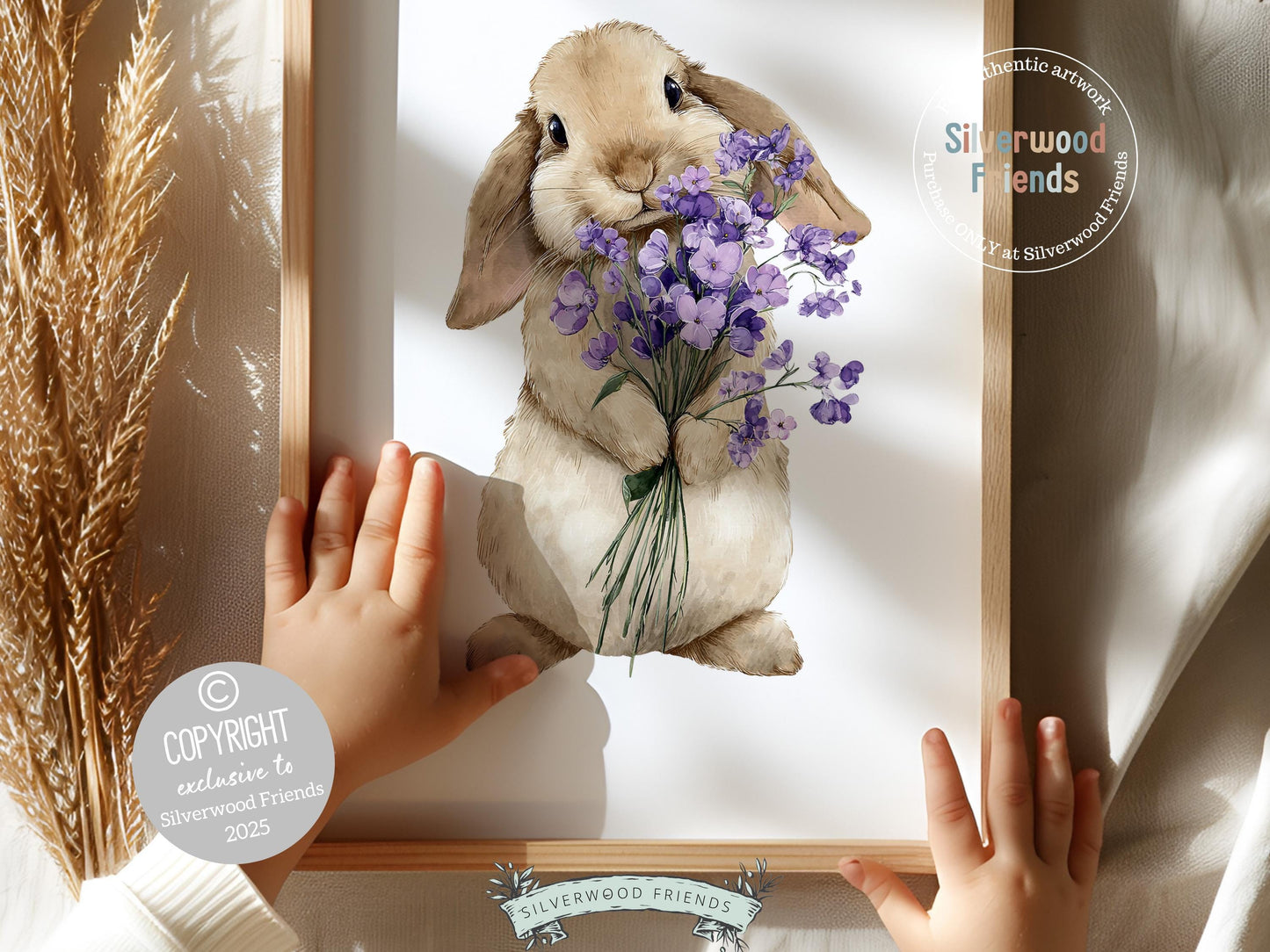 Floral Bunny Nursery Prints, Baby Girl Woodland Rabbit Nursery Wall Art, Purple Wildflower Bouquet Poster Digital Print