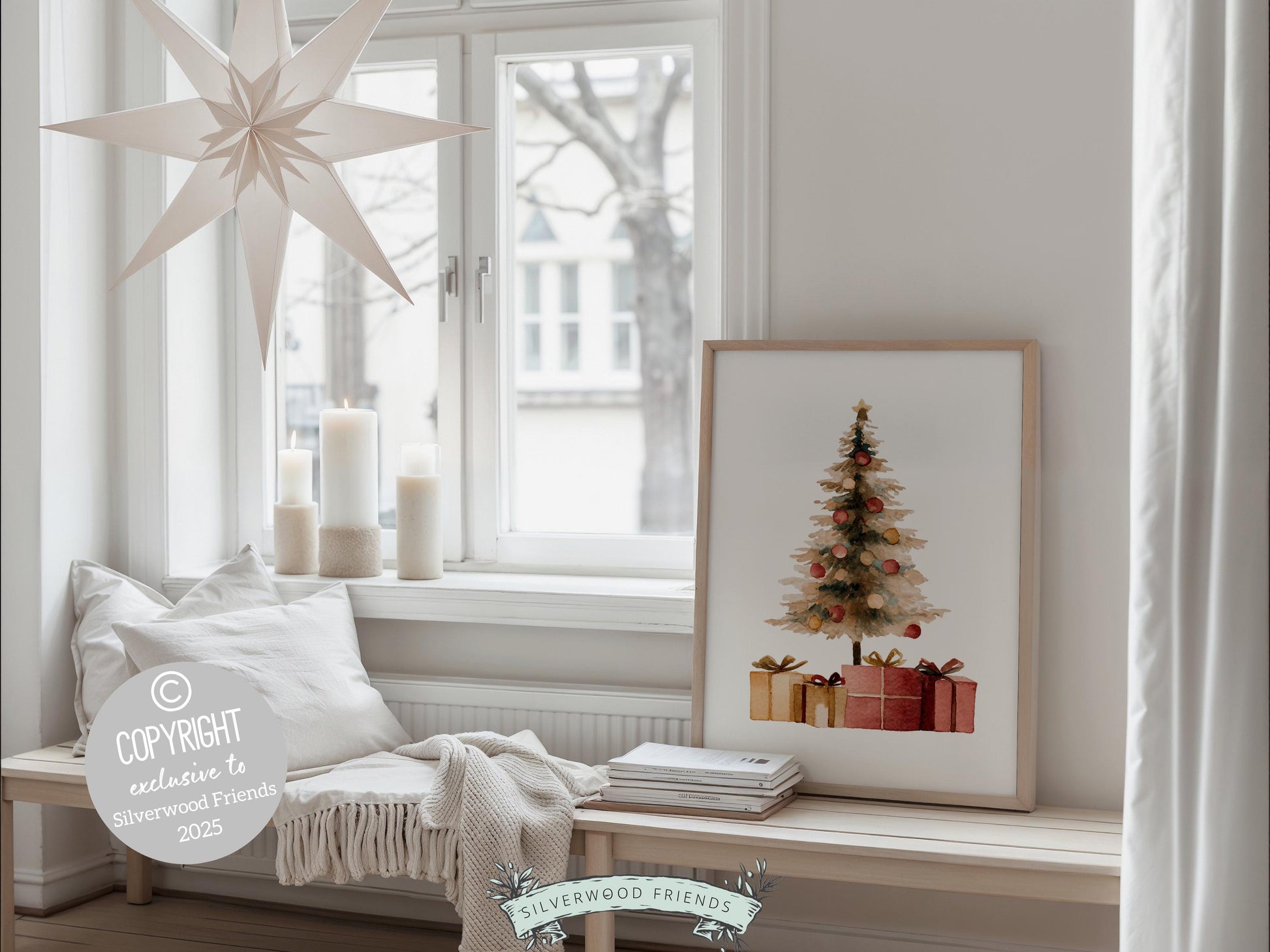 Set of 3 Christmas Prints, Watercolour Santa Sleigh Printable Wall Art, Festive Christmas Tree Holiday Decor Digital Print