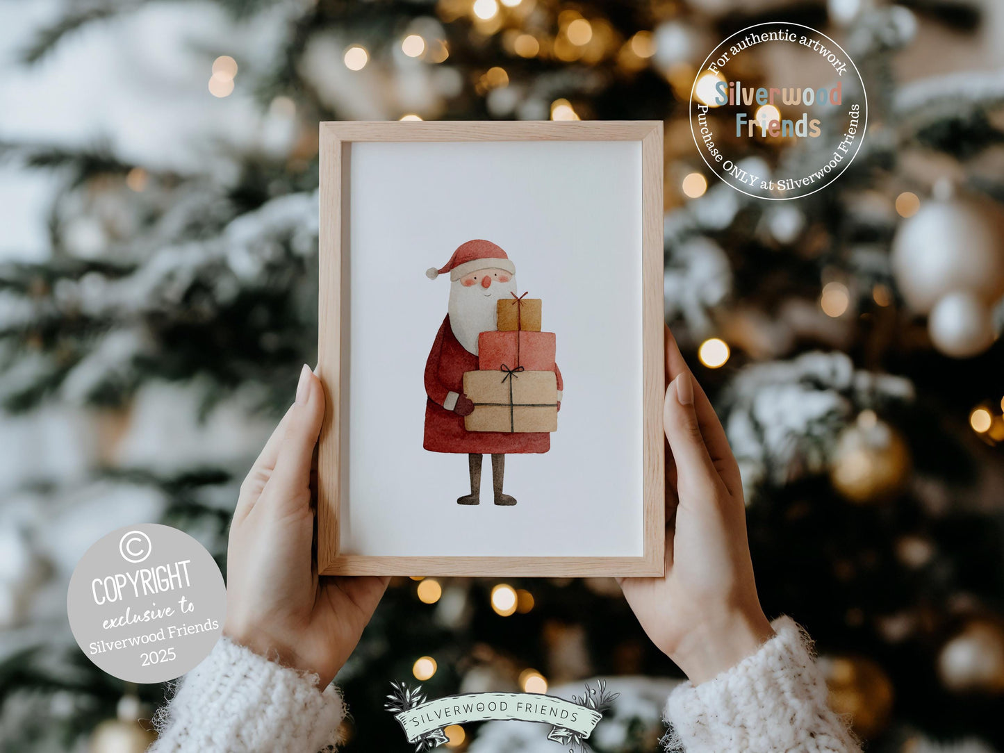 Set of 3 Christmas Prints, Watercolour Santa Sleigh Printable Wall Art, Festive Christmas Tree Holiday Decor Digital Print