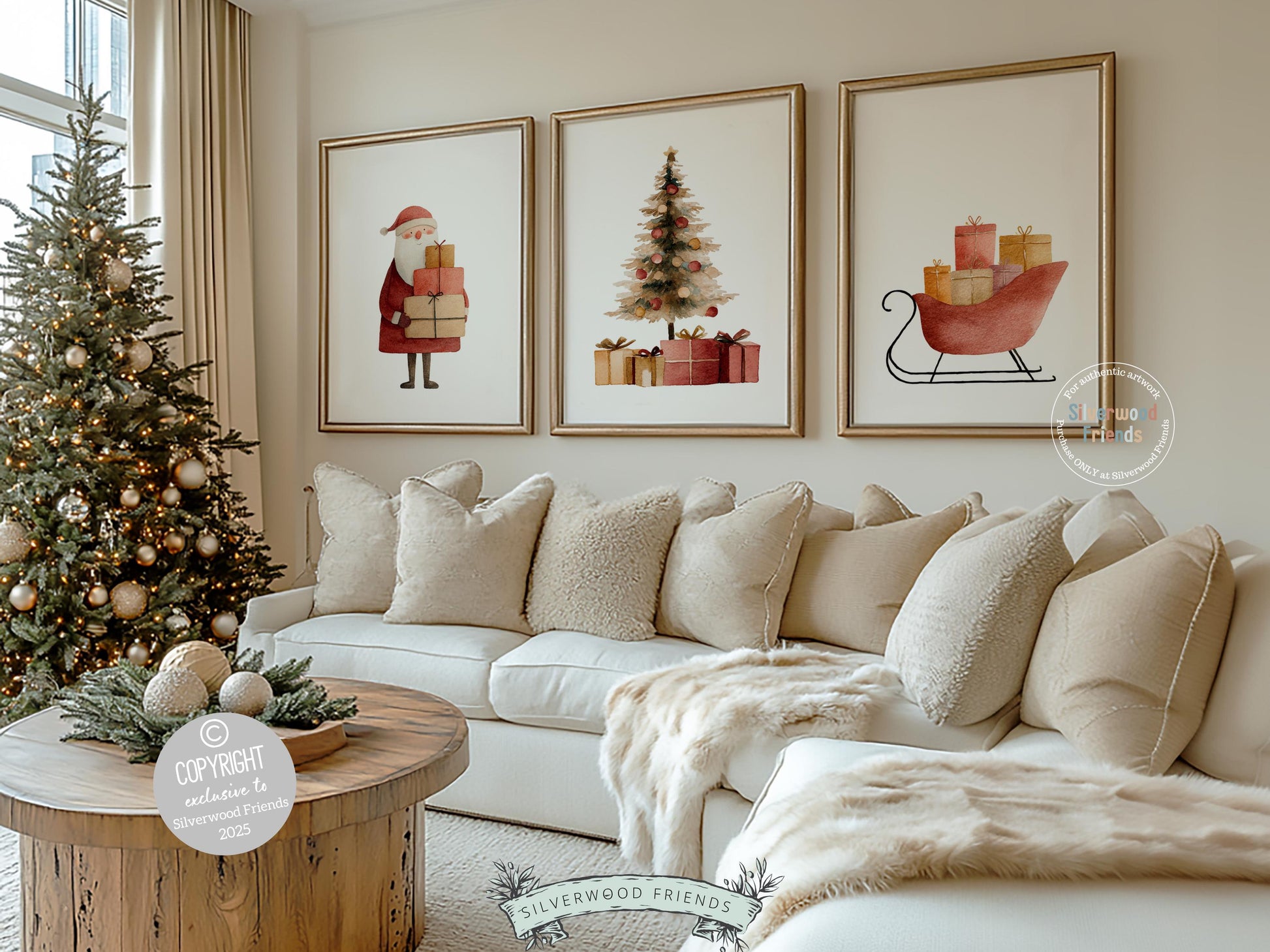 This nostalgic Set of 3 Christmas prints showcases a soft watercolor Santa with gifts, a vintage Christmas tree piled with presents, and a classic sleigh brimming with holiday cheer. Designed for nurseries and cozy homes alike, this charming trio brings warm Christmas magic and the sweet glow of old-world holiday nostalgia to any space.