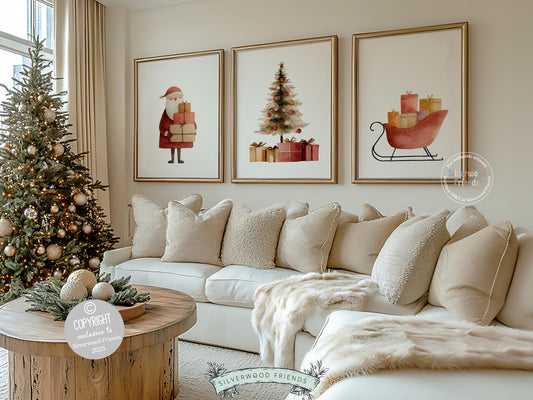 This nostalgic Set of 3 Christmas prints showcases a soft watercolor Santa with gifts, a vintage Christmas tree piled with presents, and a classic sleigh brimming with holiday cheer. Designed for nurseries and cozy homes alike, this charming trio brings warm Christmas magic and the sweet glow of old-world holiday nostalgia to any space.