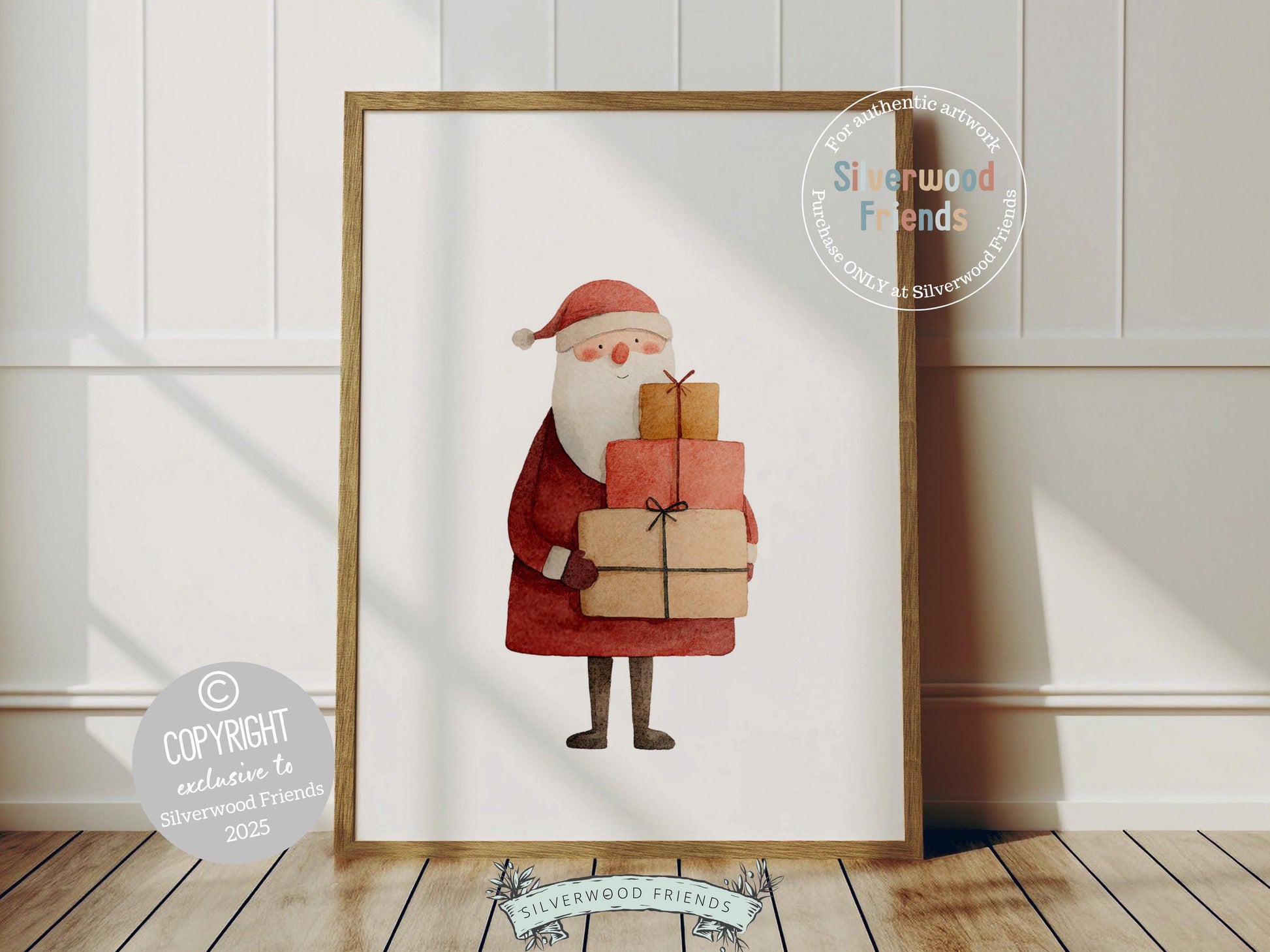 Set of 3 Christmas Prints, Watercolour Santa Sleigh Printable Wall Art, Festive Christmas Tree Holiday Decor Digital Print