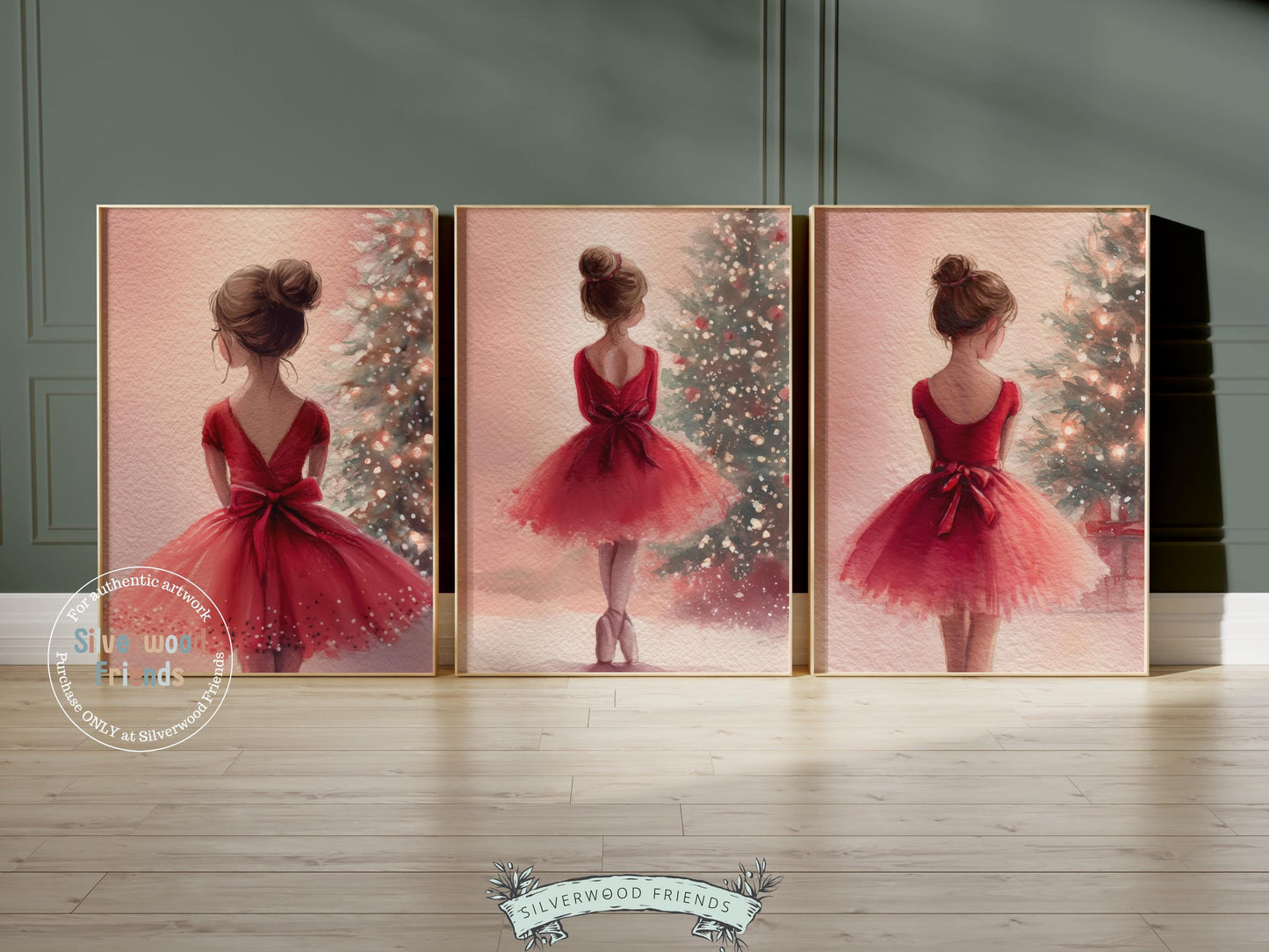 Set of 3 Ballerina Christmas Prints, Watercolour Nutcracker Ballet Christmas Poster, Festive Christmas Tree Holiday Wall Decor Digital Print