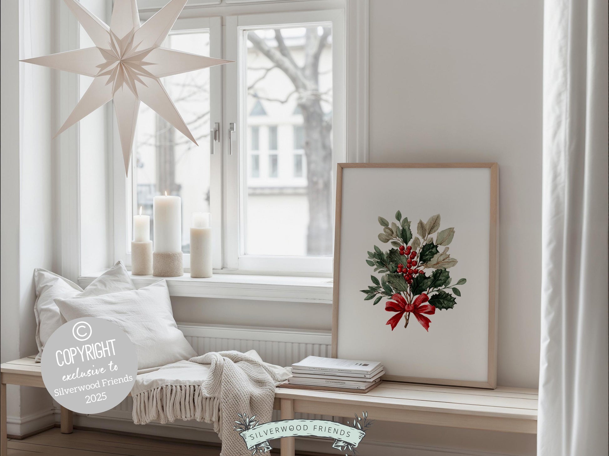 Set of 3 Vintage Christmas Prints, Christmas Wreath Printable Wall Art, Mistletoe Painting, Holiday Hosting Decorating Digital Print