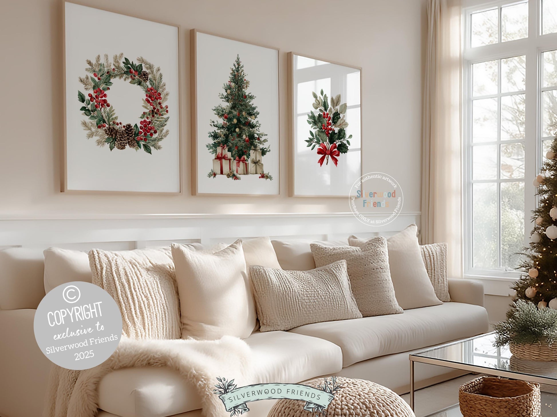 Set of 3 Vintage Christmas Prints, Christmas Wreath Printable Wall Art, Mistletoe Painting, Holiday Hosting Decorating Digital Print