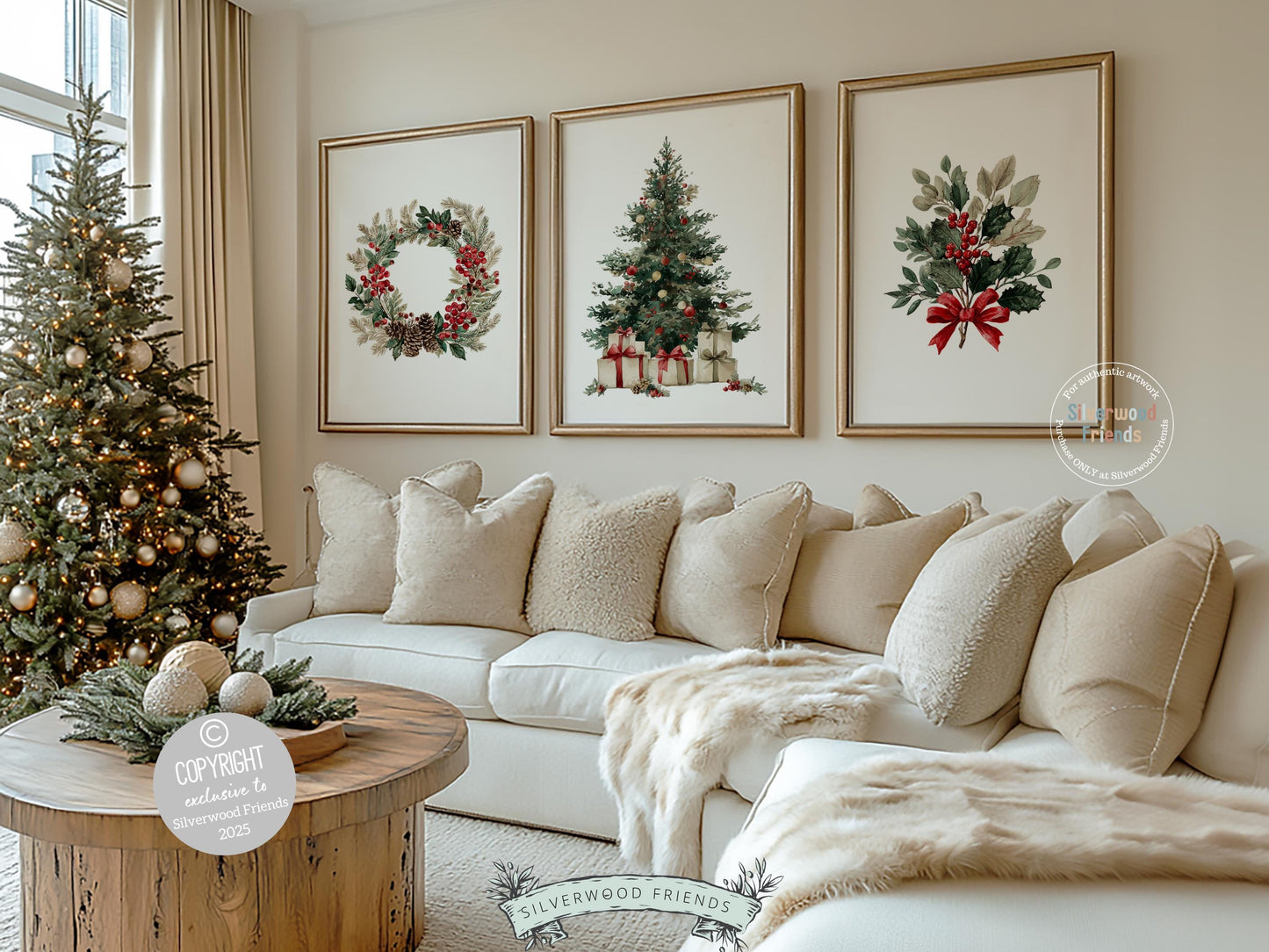 This nostalgic Set of 3 Christmas prints features a soft watercolor Christmas tree, a vintage-style holiday wreath, and a delicate mistletoe illustration. Designed for nurseries and cozy homes alike, this charming trio brings warm Christmas magic and the timeless glow of old-world holiday nostalgia to any space.